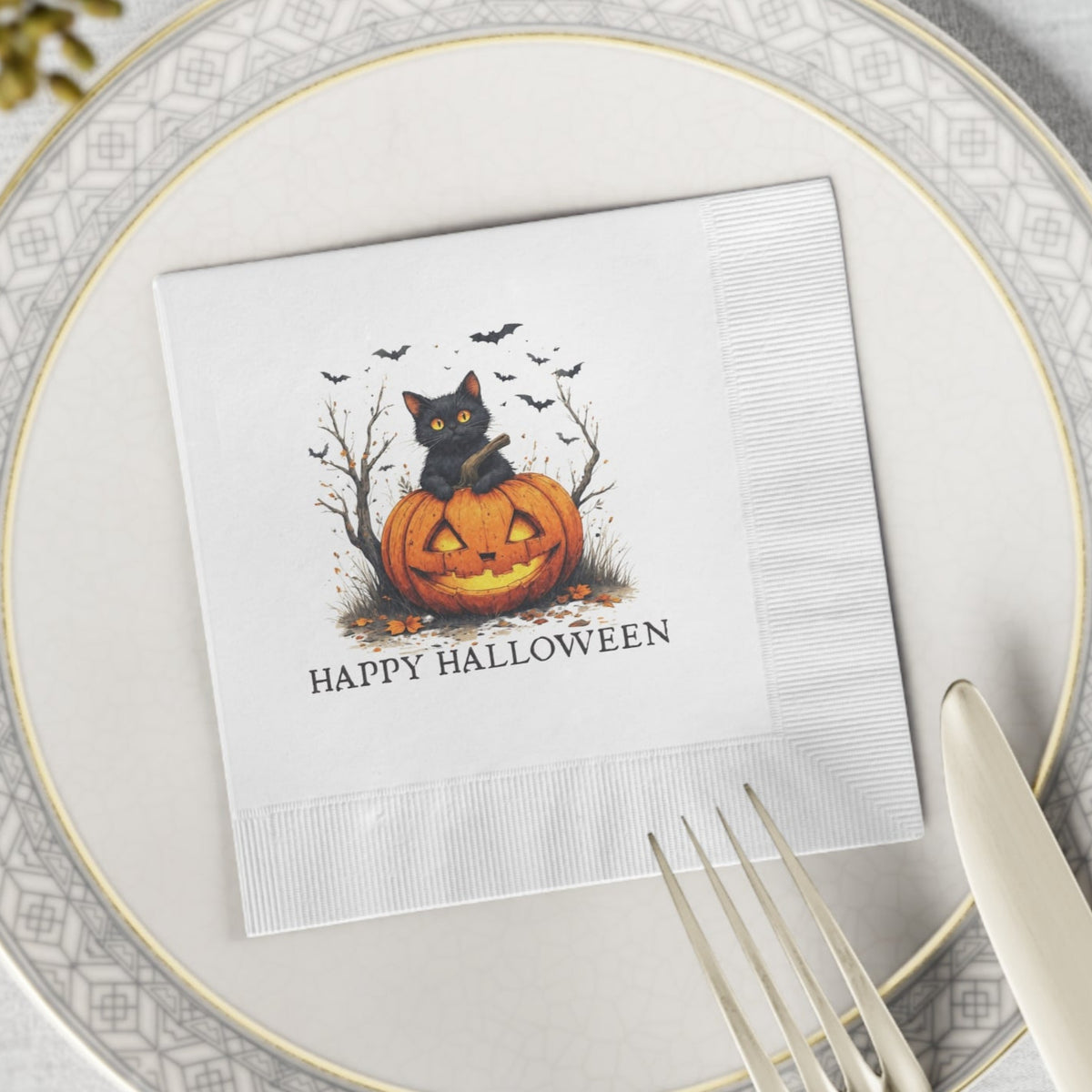 Halloween Themed Napkins with Cat and Pumpkin Design