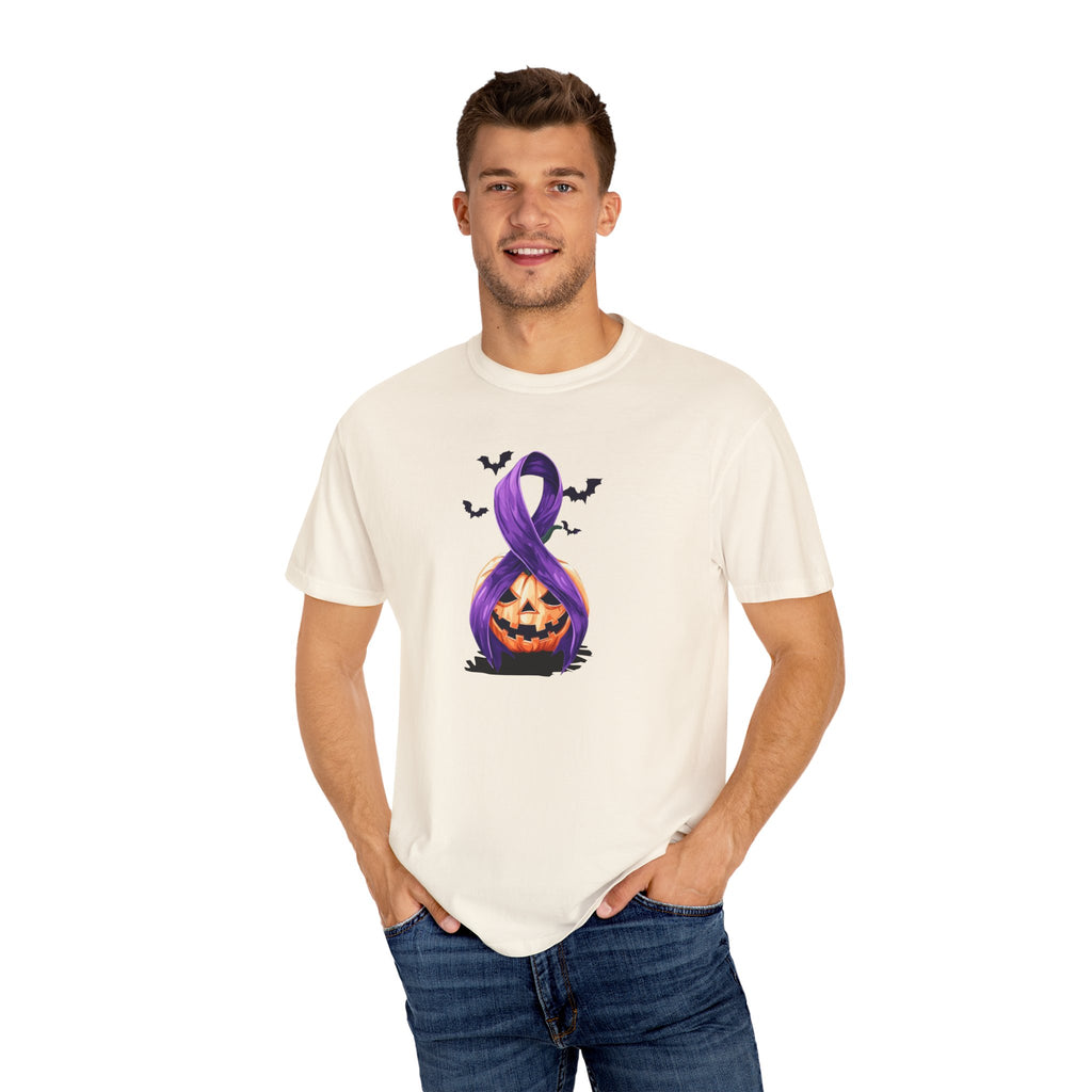 Halloween Pumpkin Unisex T-Shirt with Purple Ribbon Design