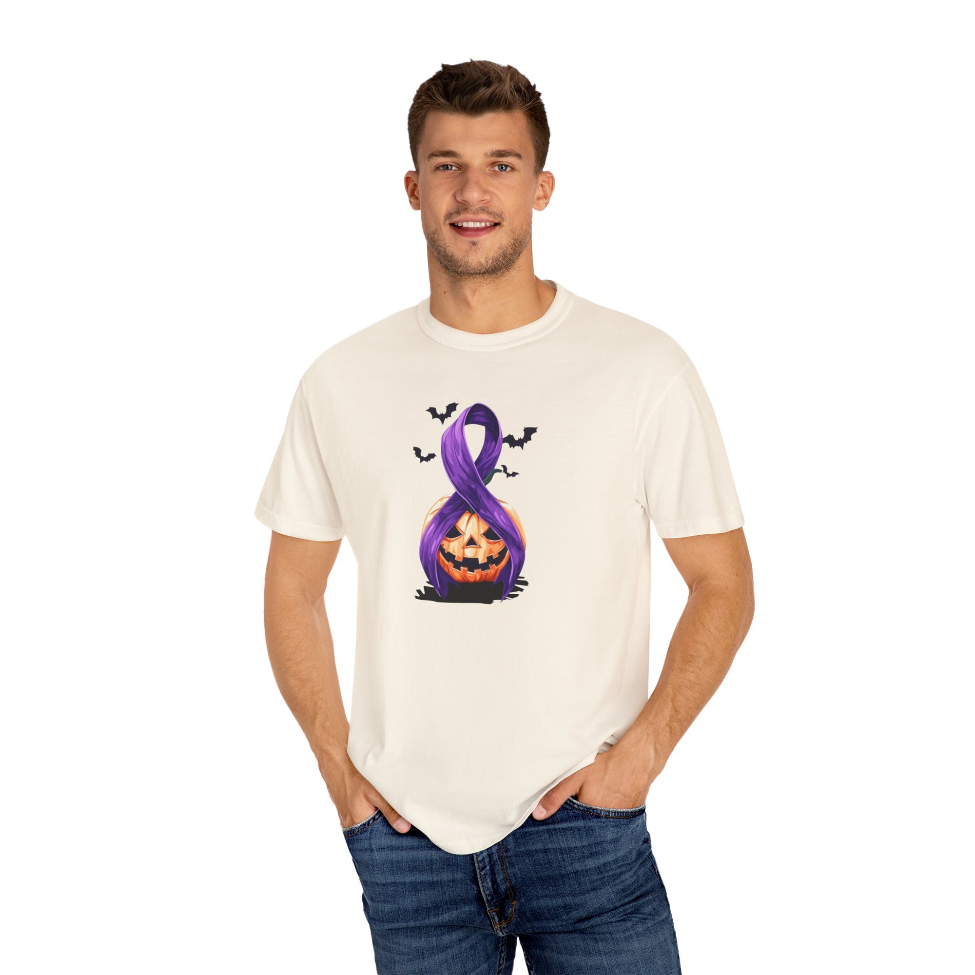 Halloween Pumpkin Unisex T-Shirt with Purple Ribbon Design