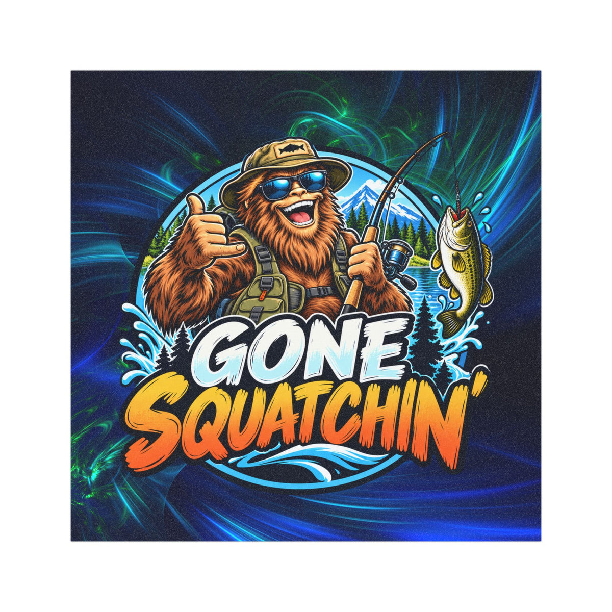 Gone Squatchin' Bigfoot Fishing Car Magnet | Funny Sasquatch Bumper Magnet
