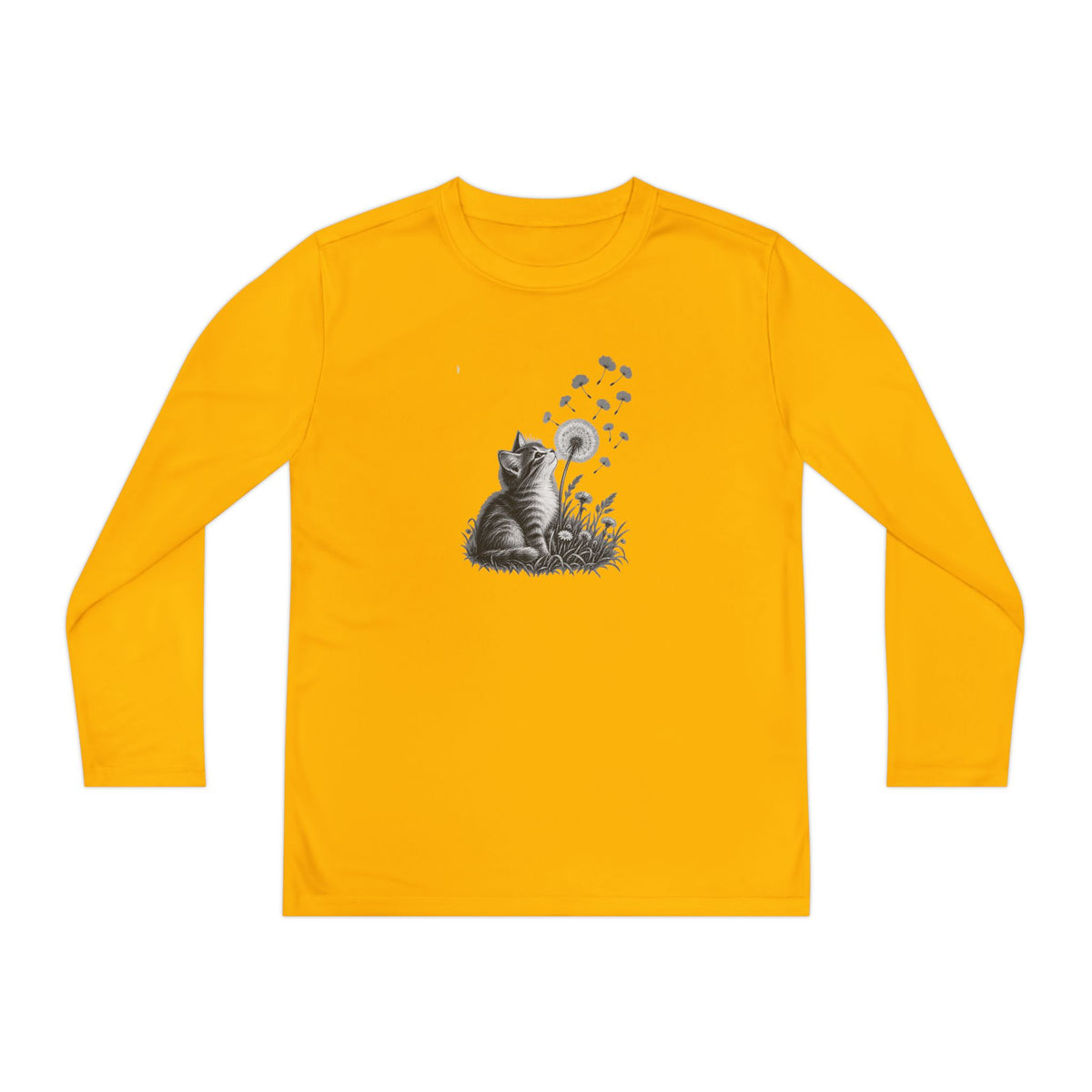 Kitten and Dandelion Youth Long Sleeve Tee | Nature-Inspired Cat Shirt