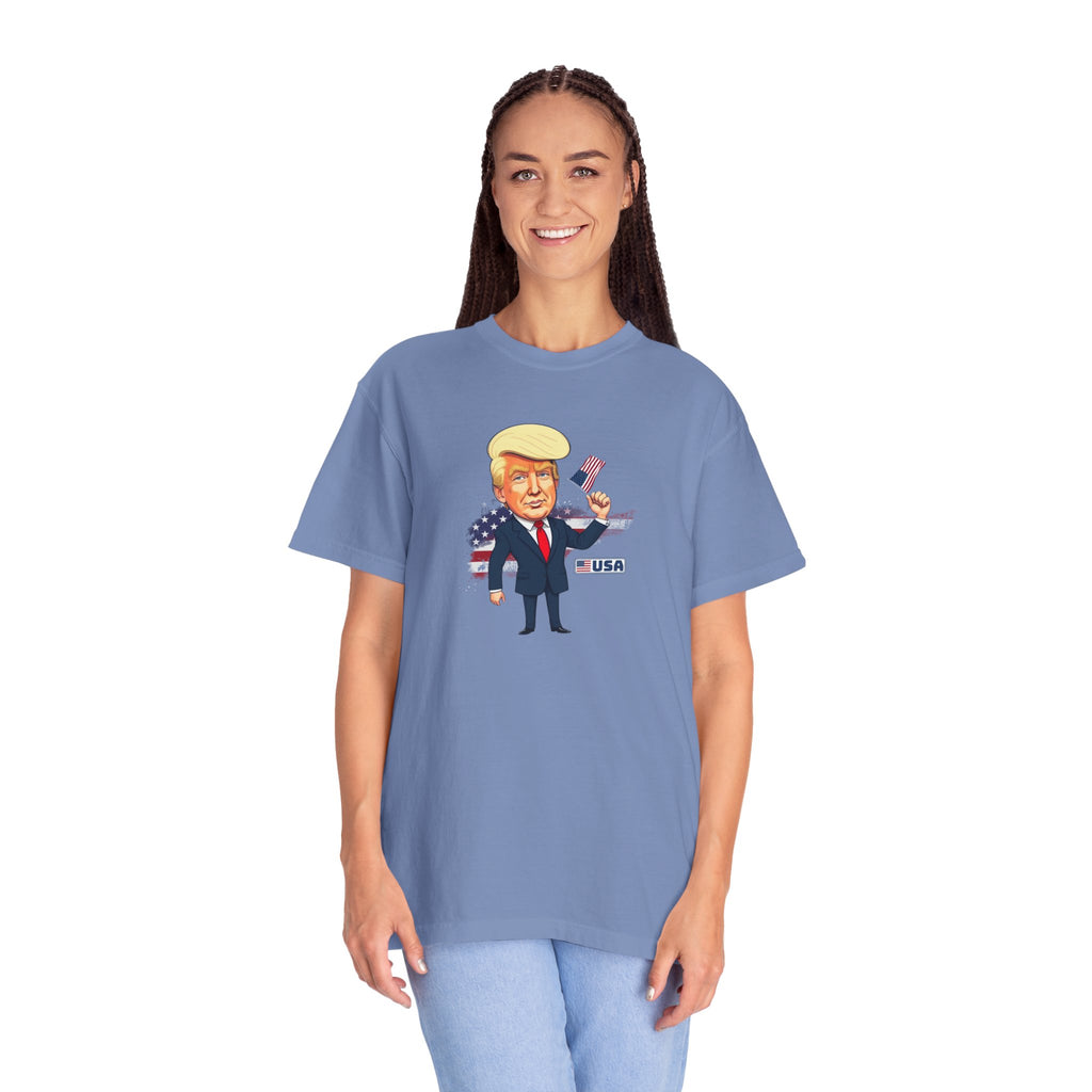 Patriotic Cartoon T-Shirt - Unisex Garment-Dyed Tee with Trump Design