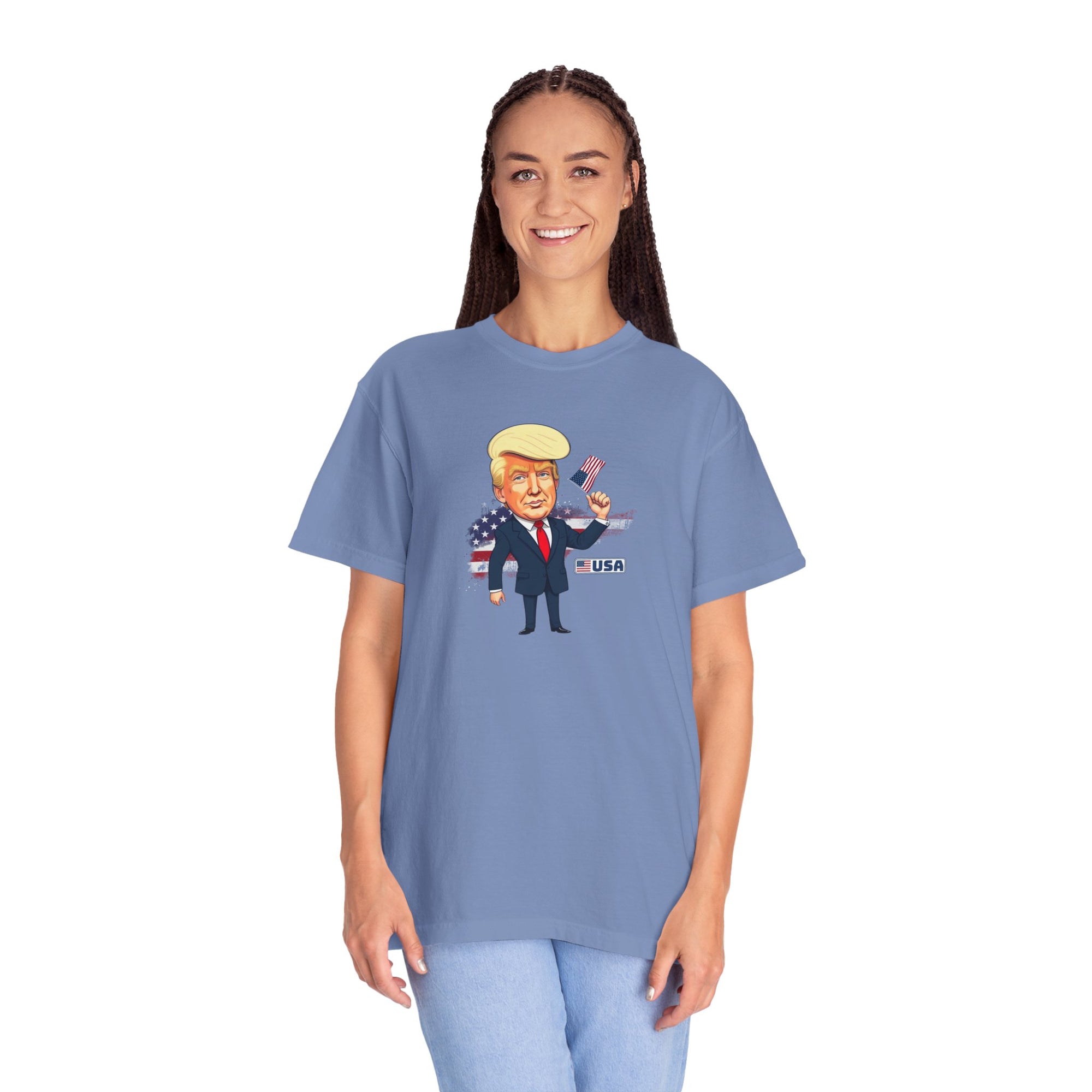 Patriotic Cartoon T-Shirt - Unisex Garment-Dyed Tee with Trump Design