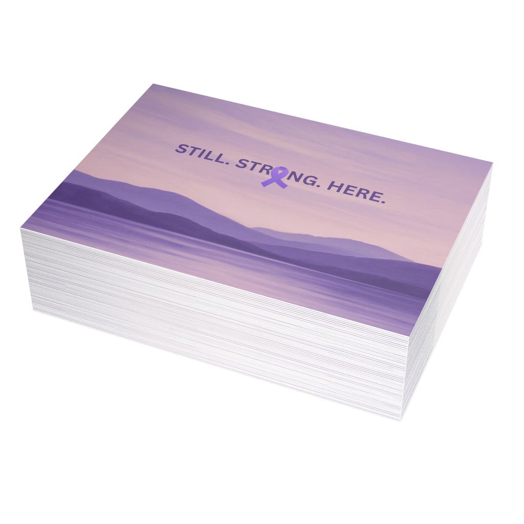 “Still. Strong. Here.” Epilepsy Awareness Postcards — Lavender Horizon (7×5, Sets of 10/30/50)