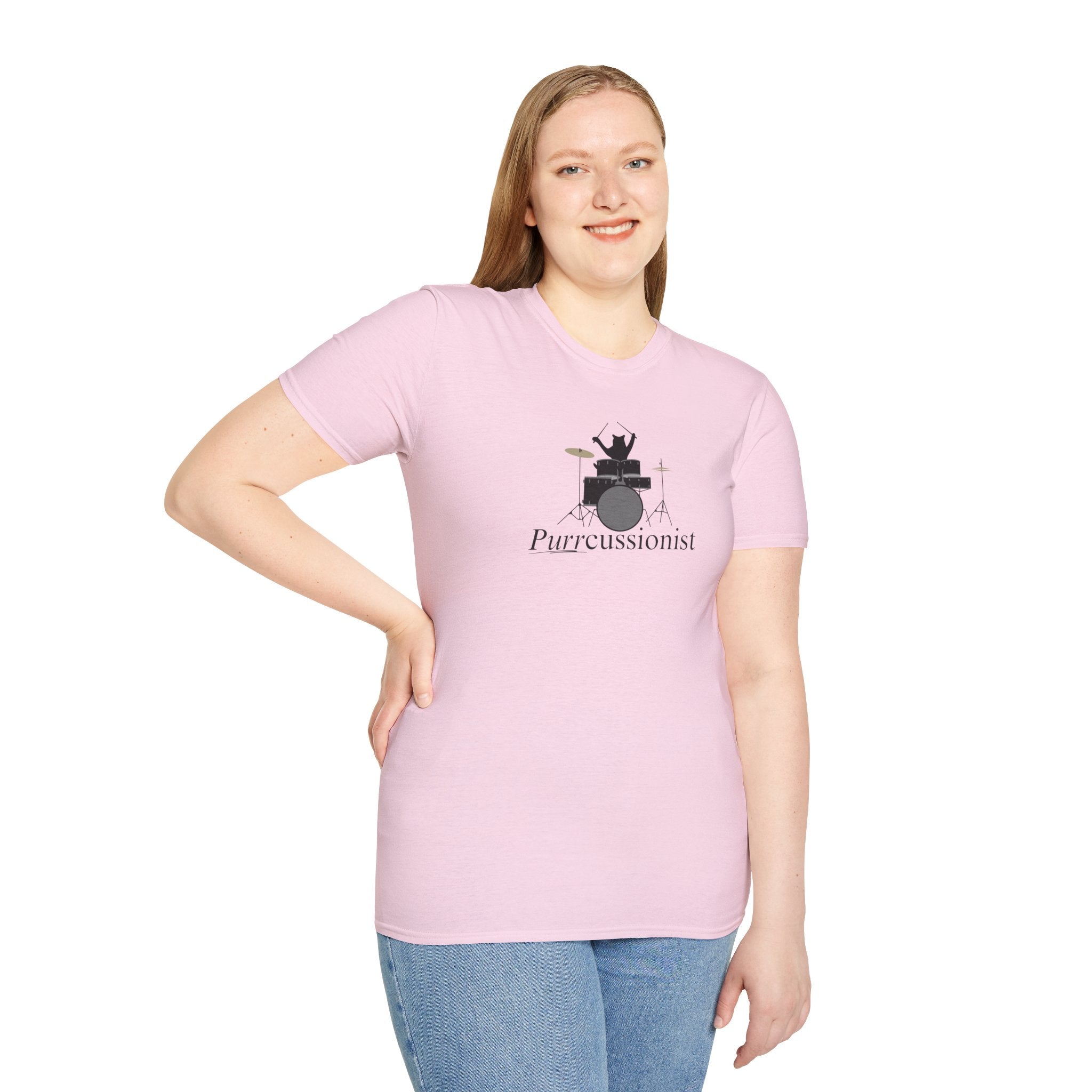 Photo depicting the ​Purrcussionist Unisex Softstyle T-Shirt from EpiAl's Shop.