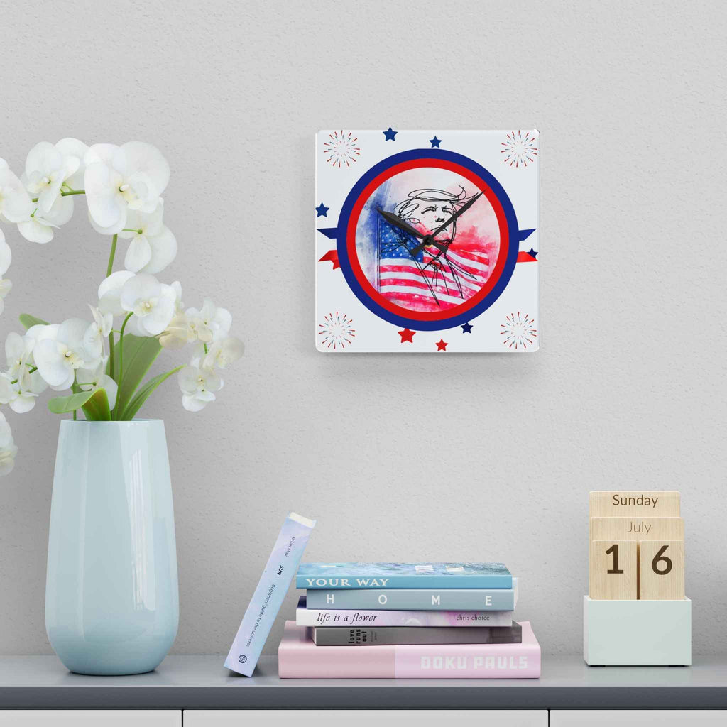 Patriotic Sketch Portrait Acrylic Wall Clock – American Flag Watercolor Clock
