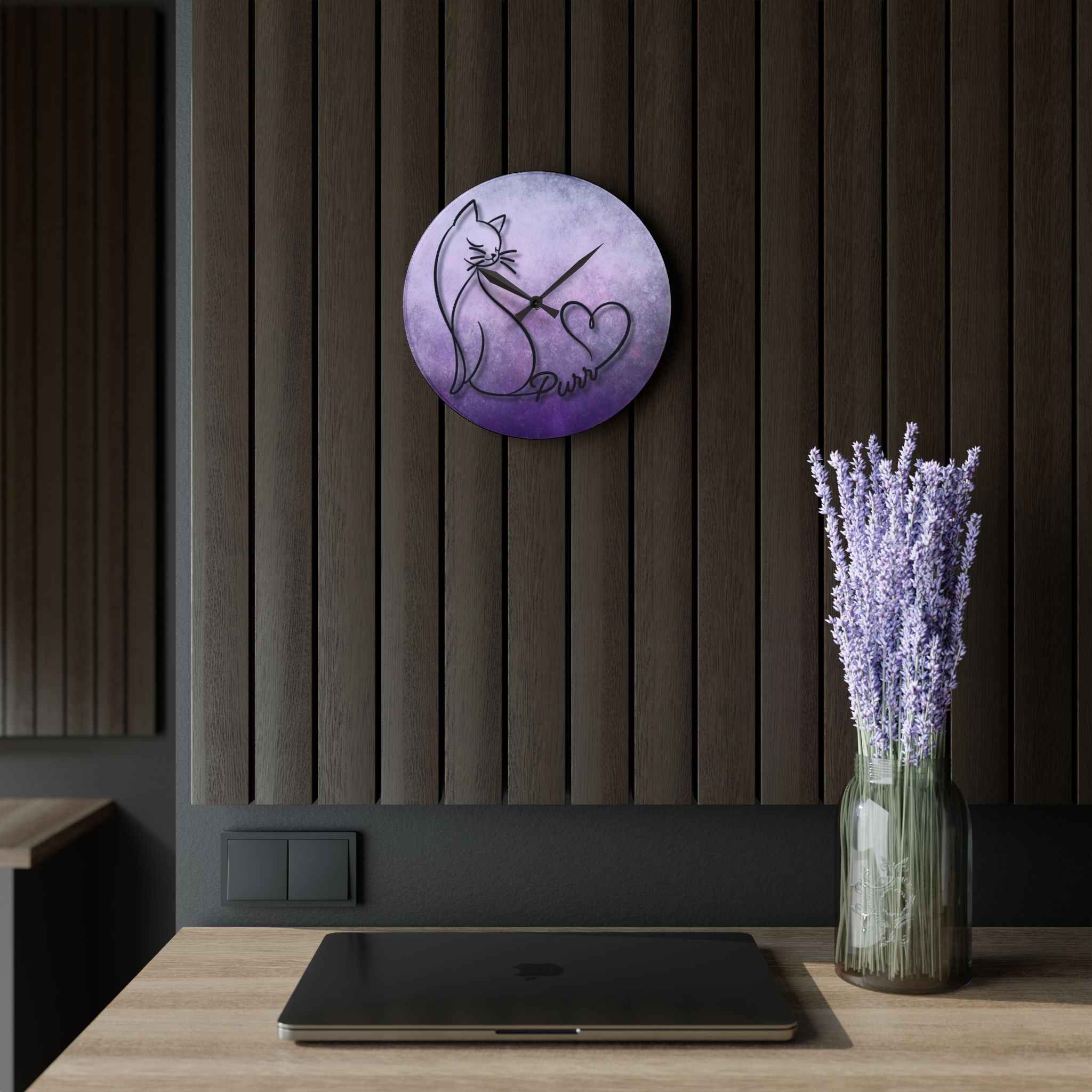 Purr Cat Heart Acrylic Wall Clock – Minimalist Cat Lover Decor