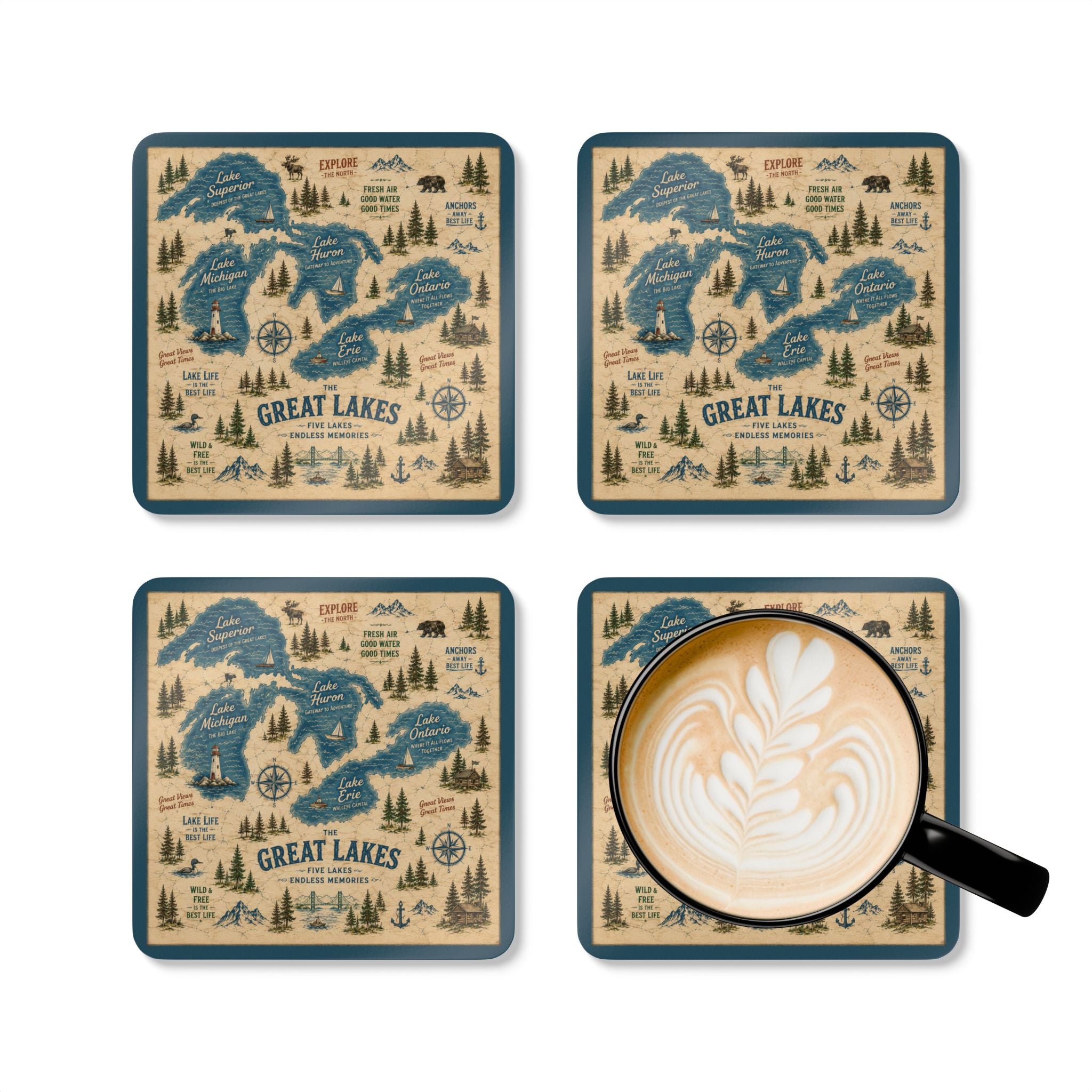 Great Lakes Vintage Map Coaster Set | Lake Ontario / Lake America Conversation Coasters