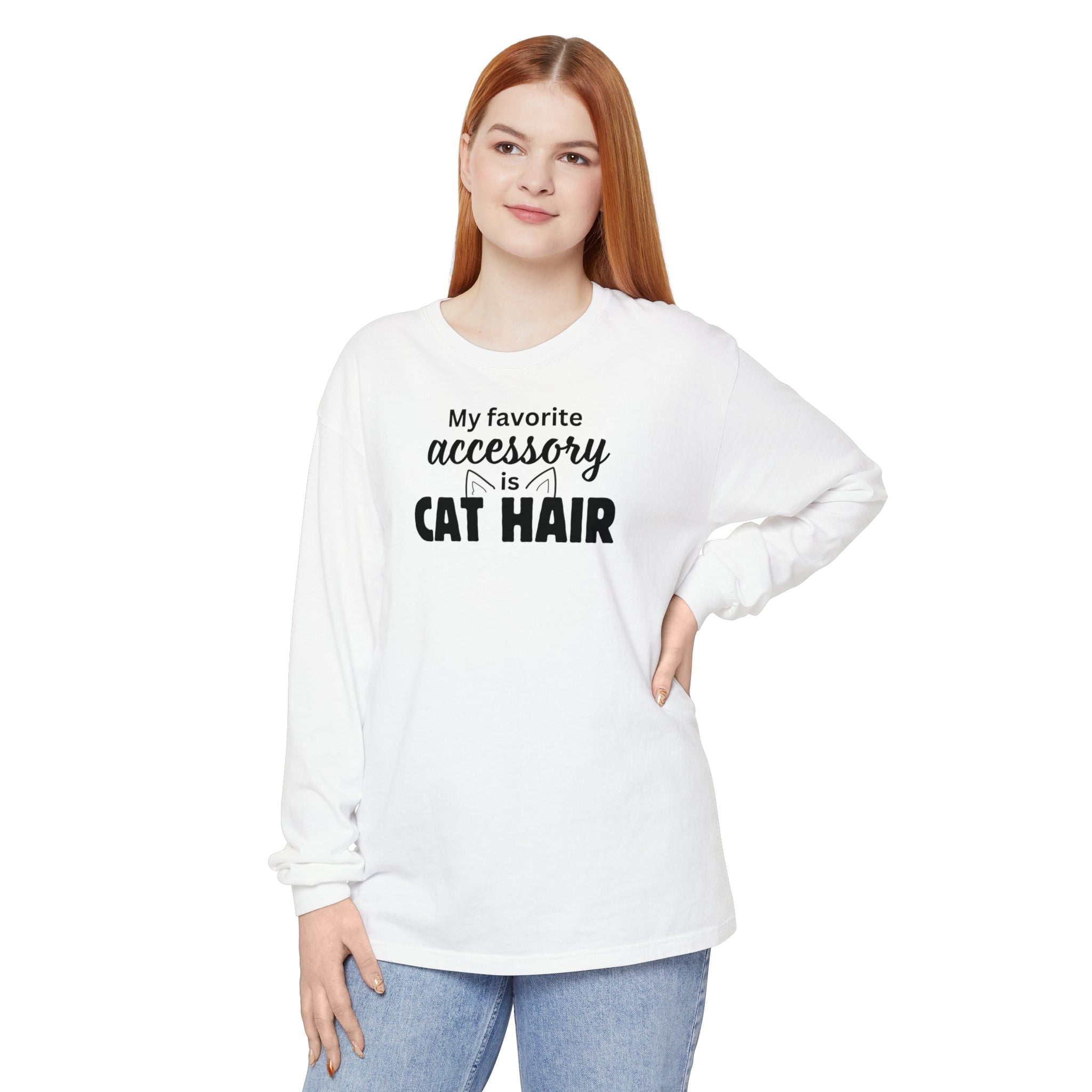 Photo depicting the ​Cat Hair Accessorized Unisex Garment-dyed Long Sleeve T-Shirt from EpiAl's Shop.