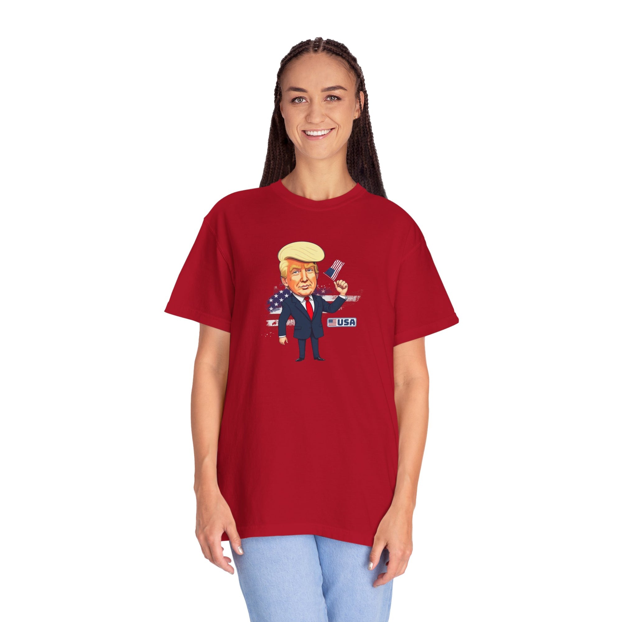 Patriotic Cartoon T-Shirt - Unisex Garment-Dyed Tee with Trump Design