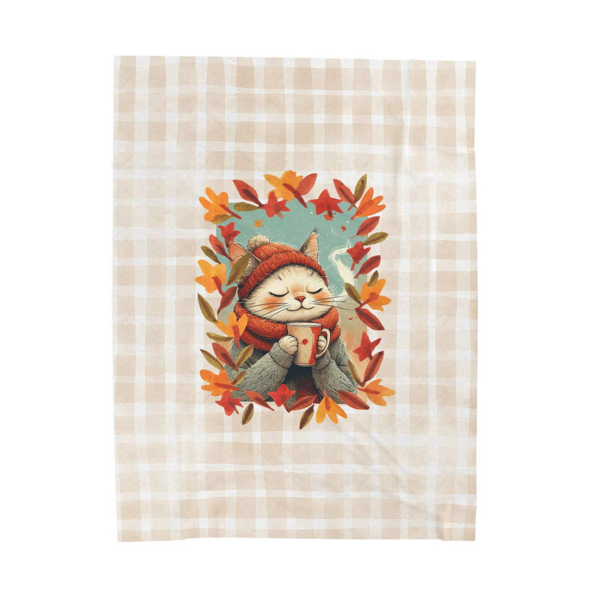 Hot Chocolate Cat Plush Blanket, Soft Throw for Fall
