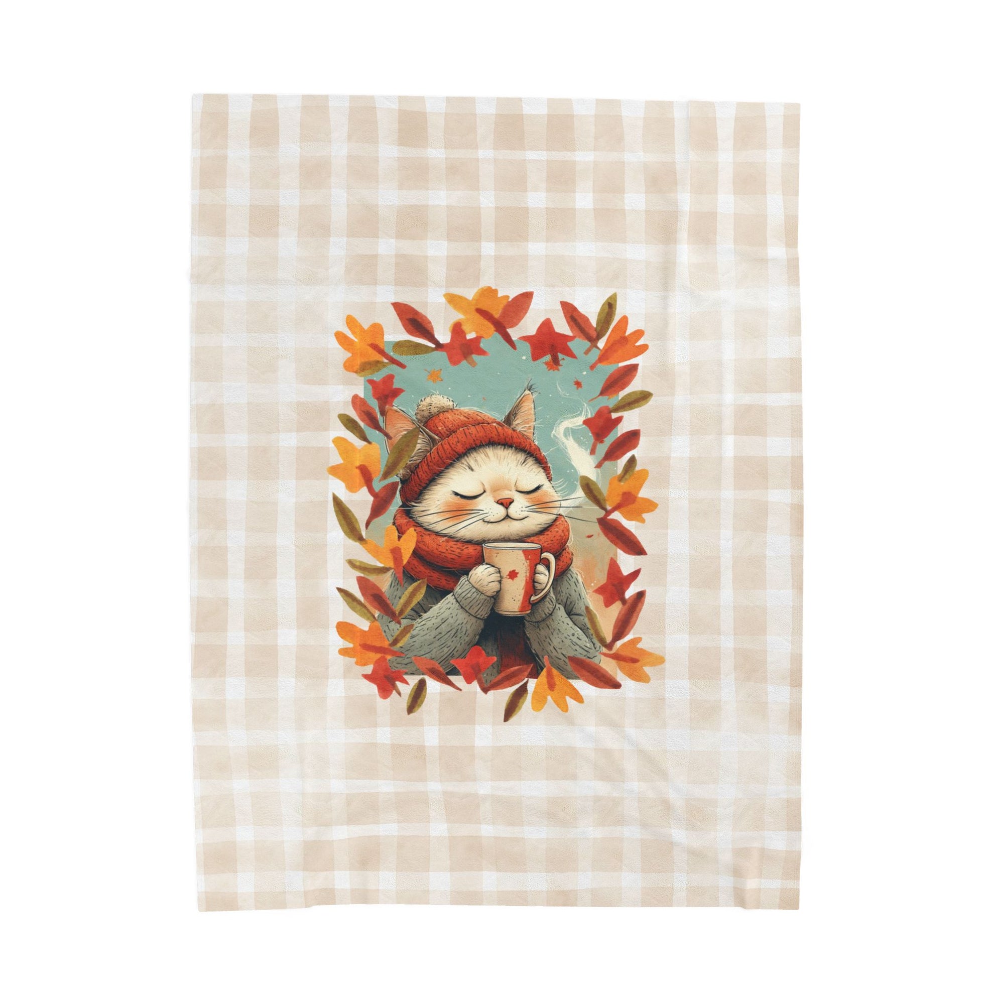 Hot Chocolate Cat Plush Blanket, Soft Throw for Fall
