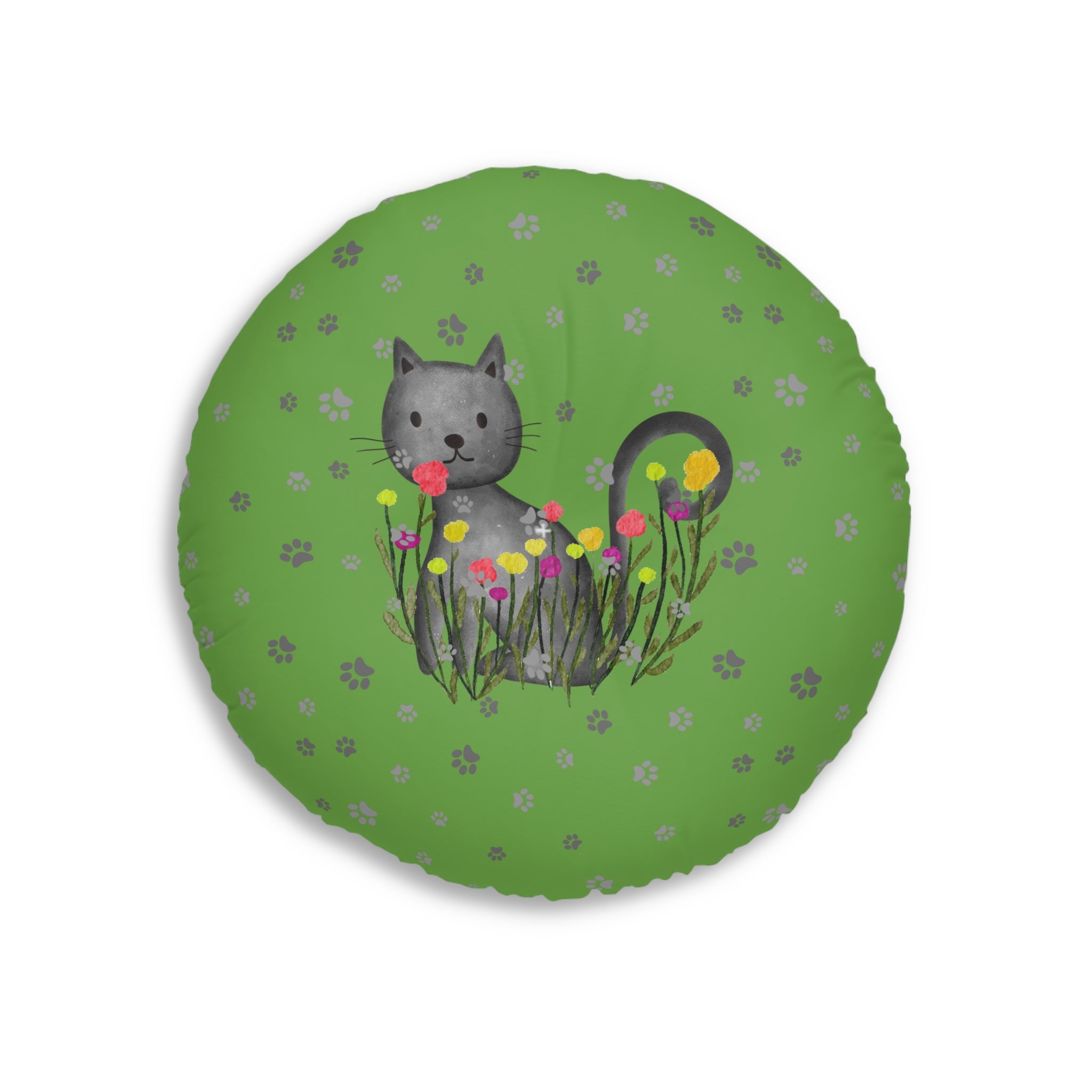Curious Garden Cat Round Floor Pillow – Green Paw Print Accent Cushion (26