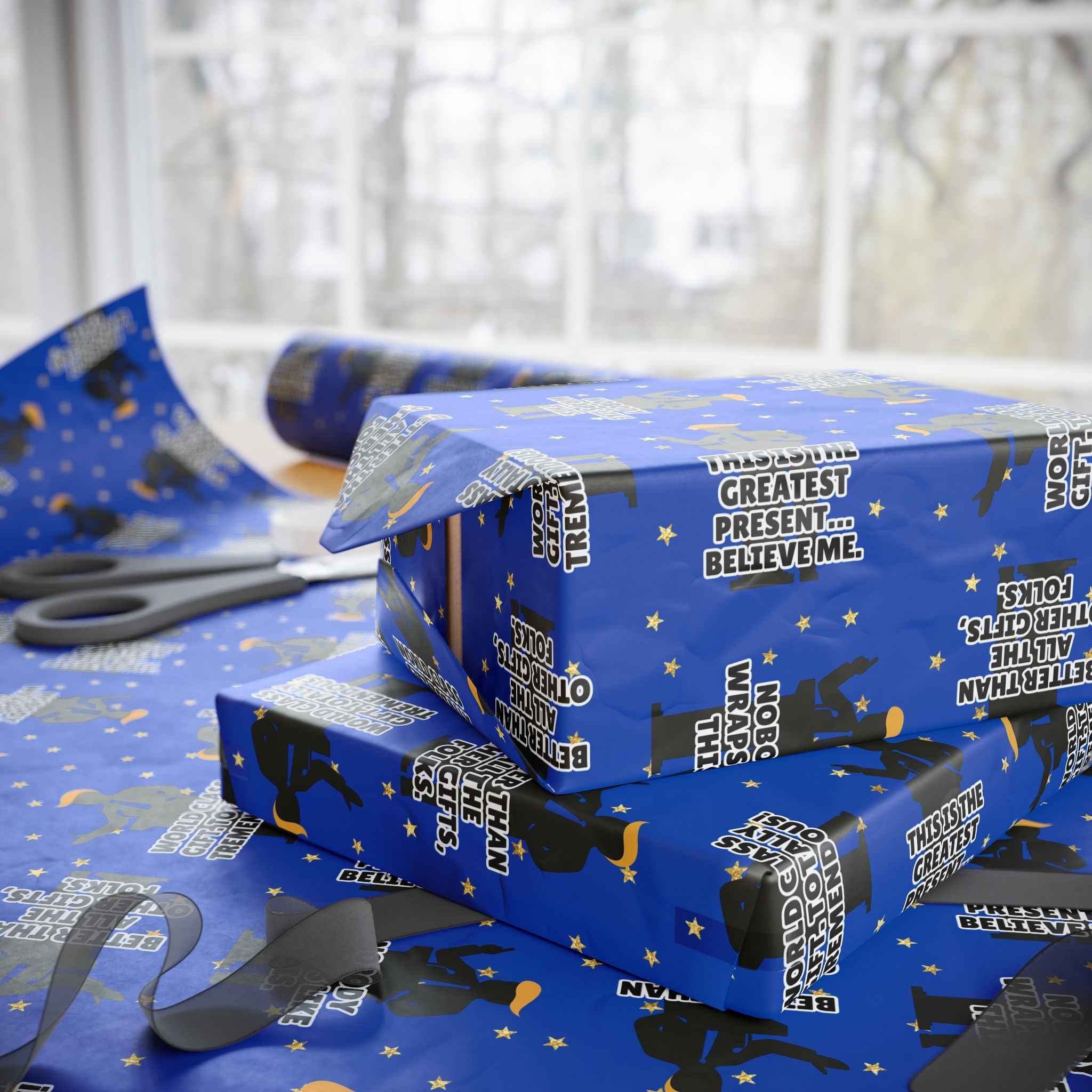 “Greatest Present, Believe Me” Political Parody Wrapping Paper