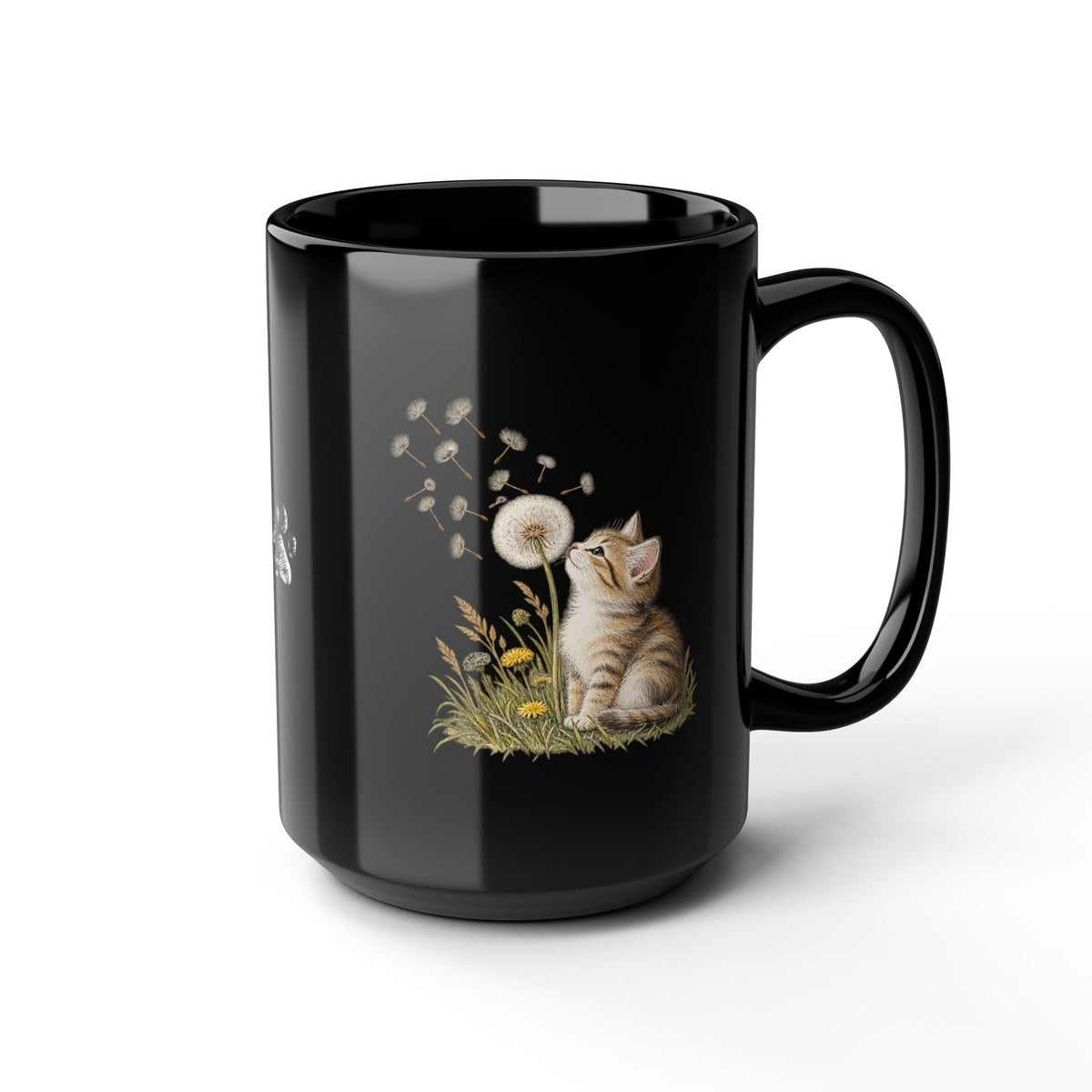 Kitten & Dandelion Black Ceramic Mug | Cat Lover Coffee Cup | 11oz & 15oz