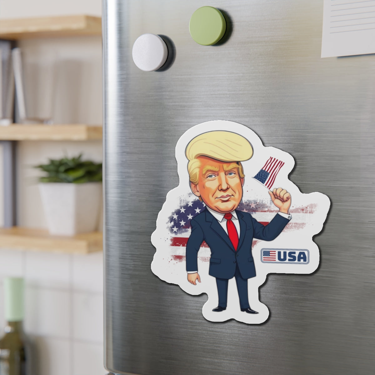 Patriotic Die-Cut Magnet - Trump with USA Flag Design