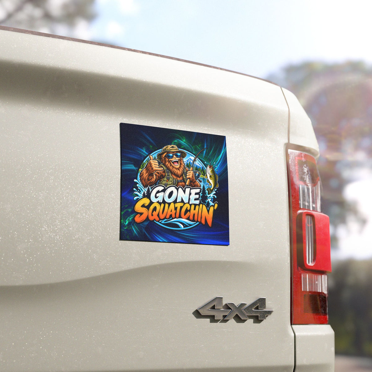 Gone Squatchin' Bigfoot Fishing Car Magnet | Funny Sasquatch Bumper Magnet