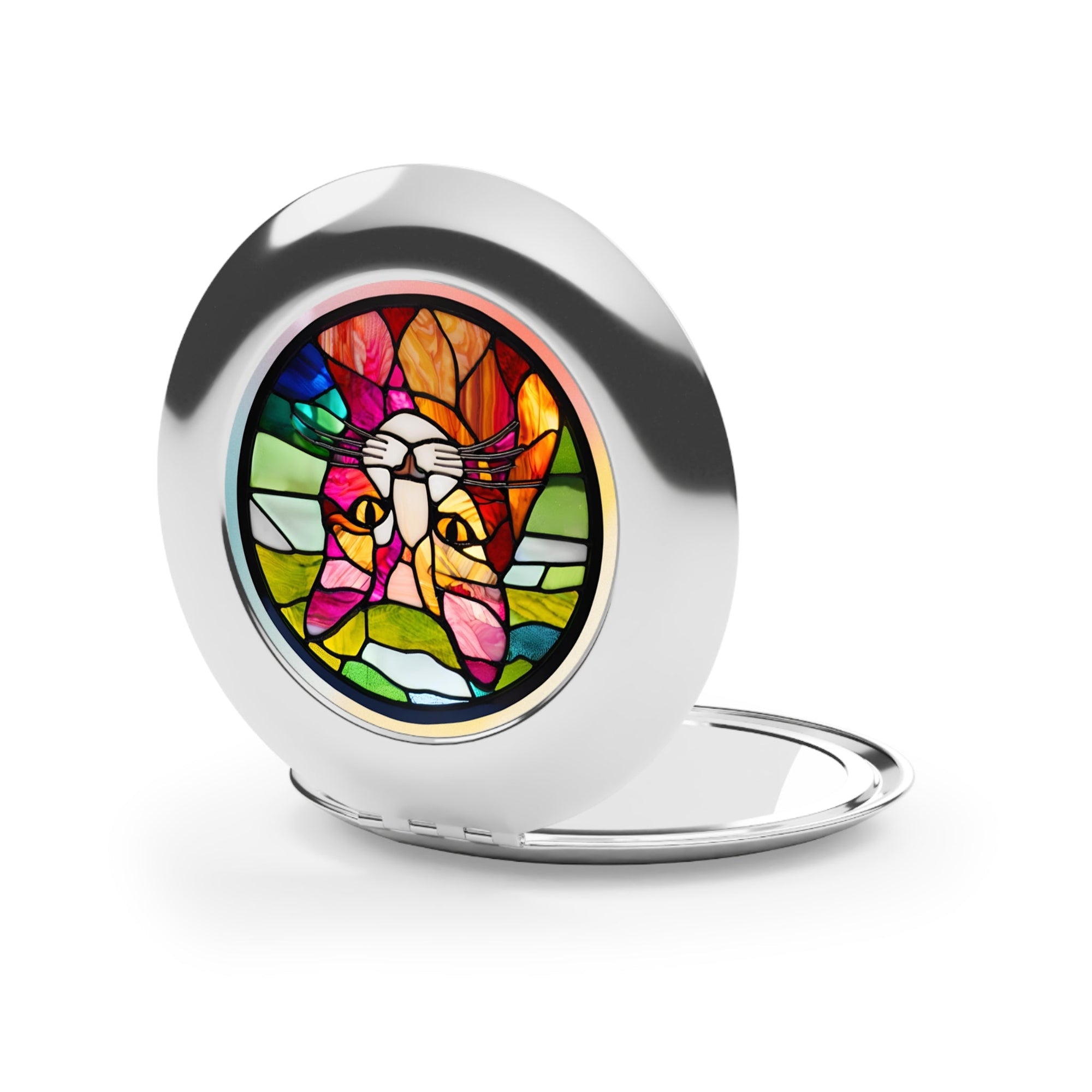 Stained Glass Cat Compact Travel Mirror - Perfect for Pet Lovers Printify
