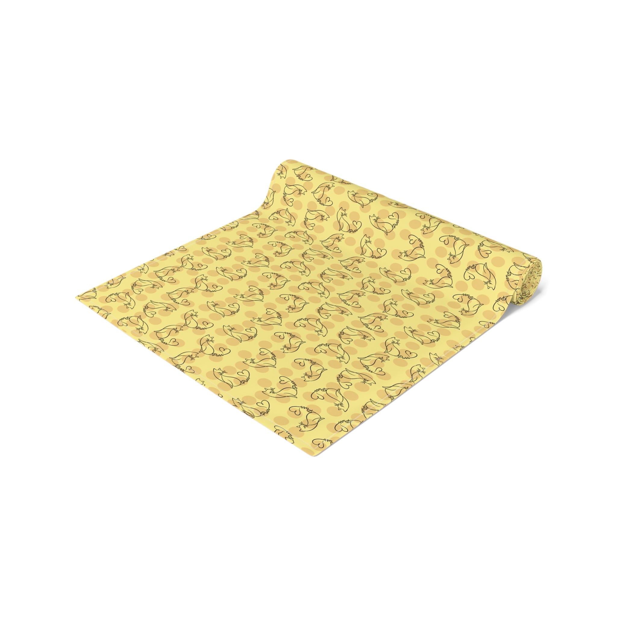 Golden Purr Cat Table Runner – Minimalist Line Art Polka Dot Design