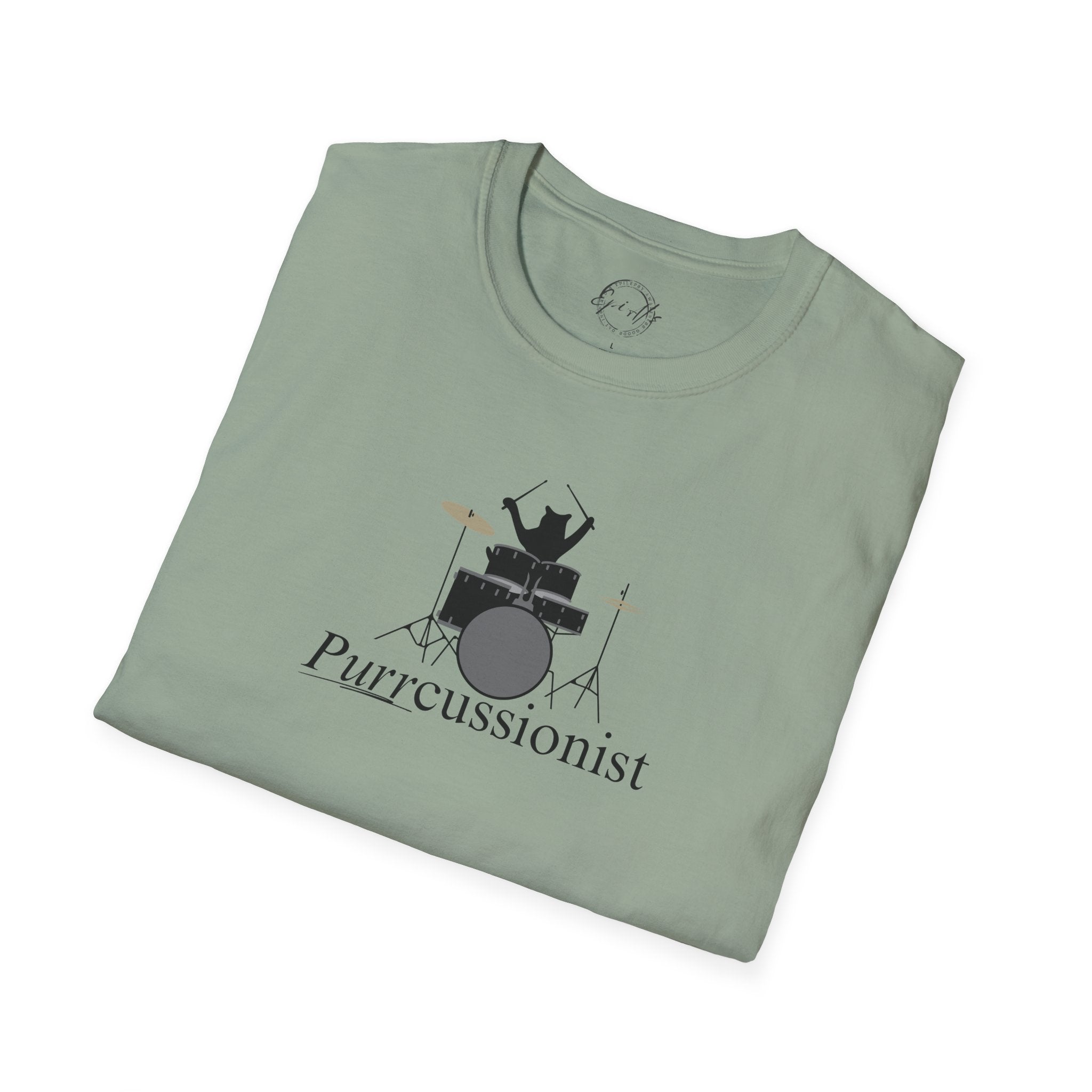 Photo depicting the ​Purrcussionist Unisex Softstyle T-Shirt from EpiAl's Shop.