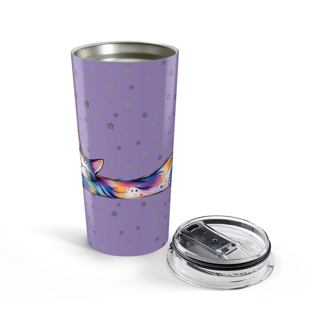 Colorful Stretching Cat 20 oz Insulated Tumbler | Purple Paw Print Travel Cup