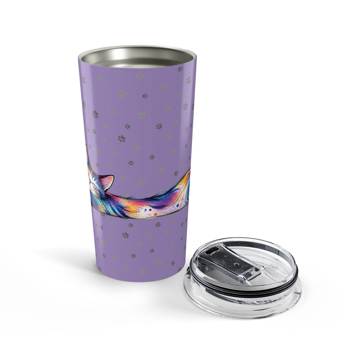 Colorful Stretching Cat 20 oz Insulated Tumbler | Purple Paw Print Travel Cup