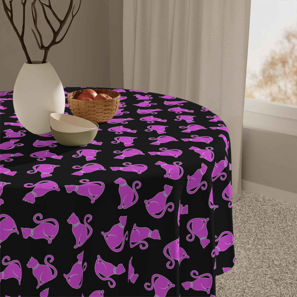 Pink Cat Night Tablecloth – Bright Cat Pattern on Black Square Table Cover