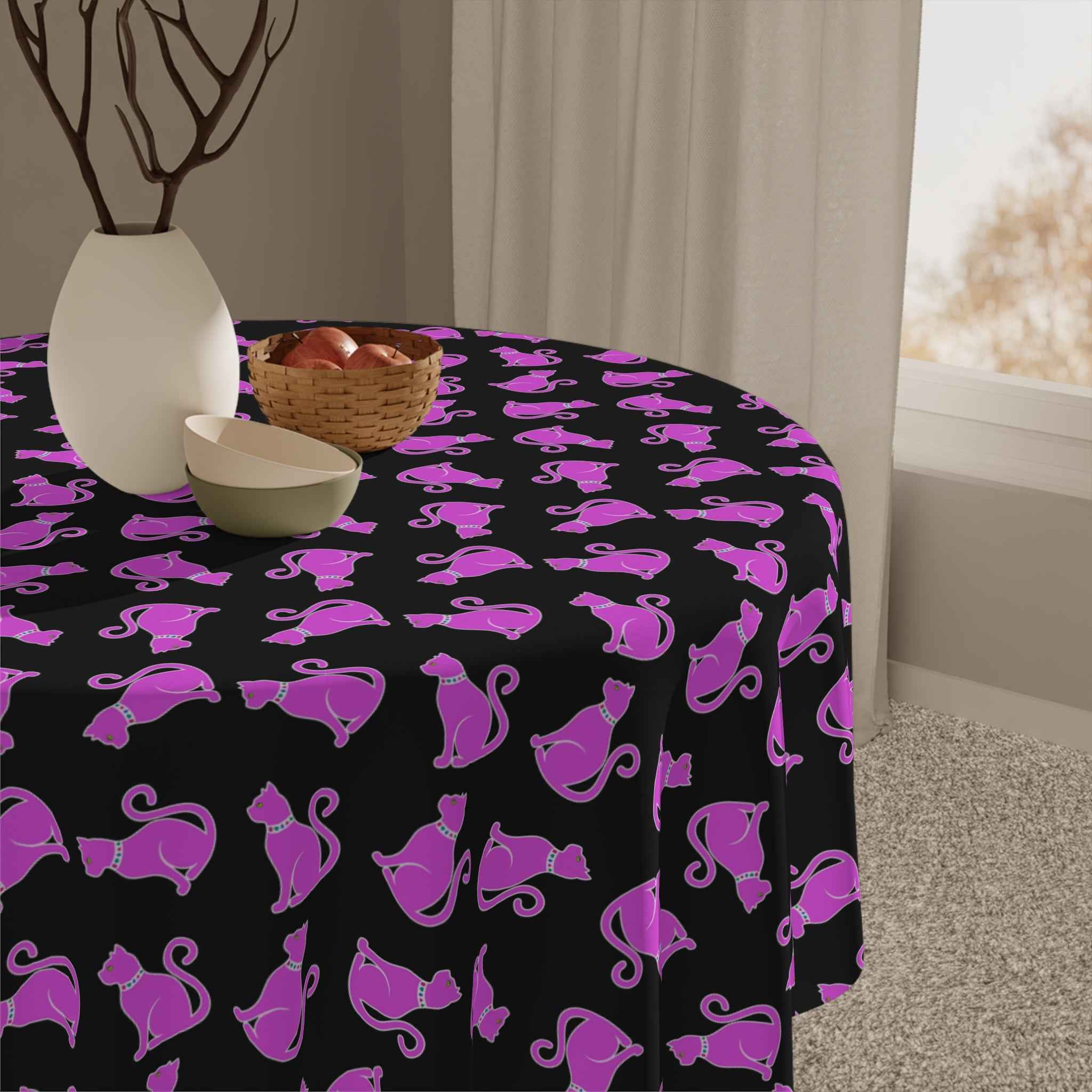 Pink Cat Night Tablecloth – Bright Cat Pattern on Black Square Table Cover