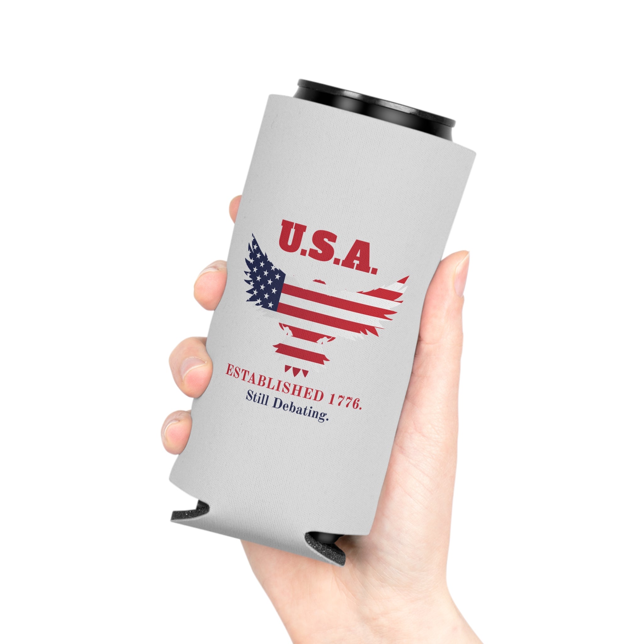 USA Established 1776 Still Debating Can Cooler Sleeve | Patriotic Funny Koozie