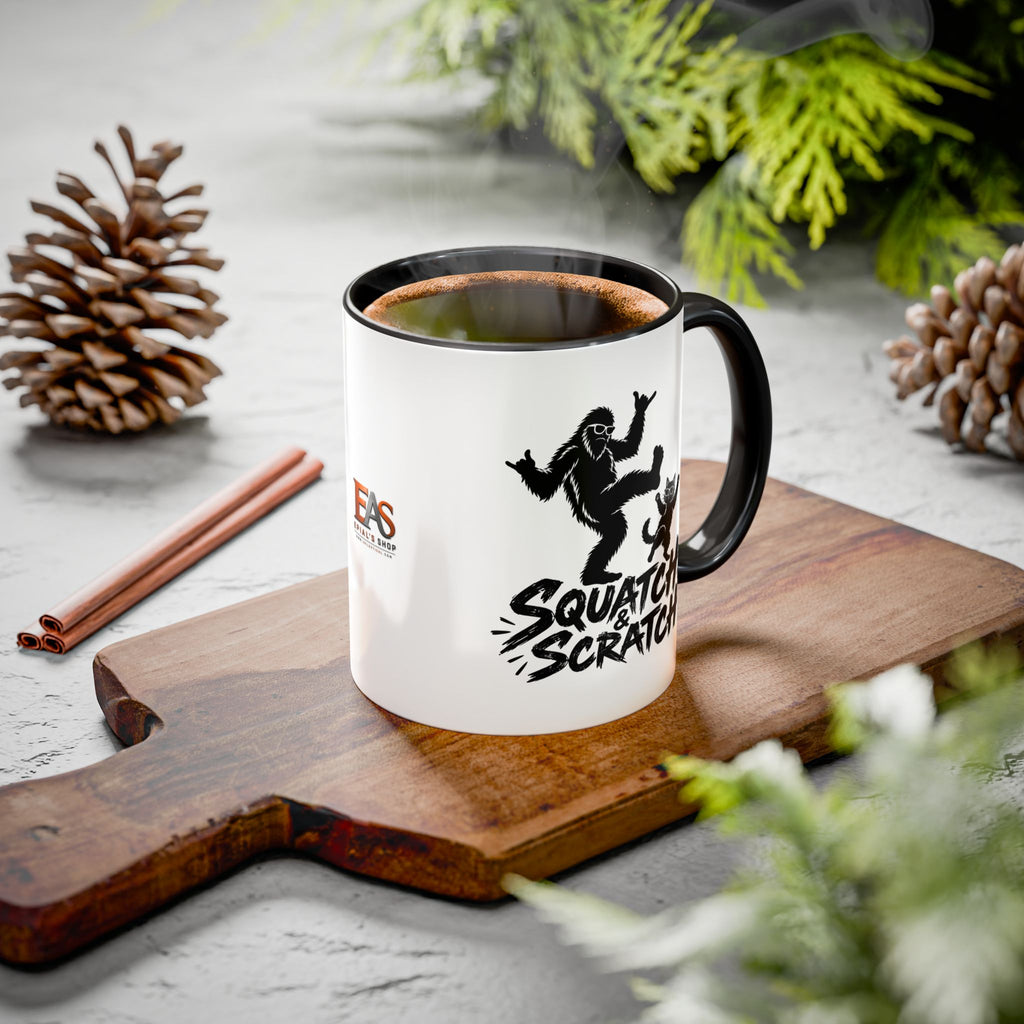 Squatch & Scratch Bigfoot and Cat Coffee Mug | Funny Sasquatch Ceramic Mug | 11oz & 15oz