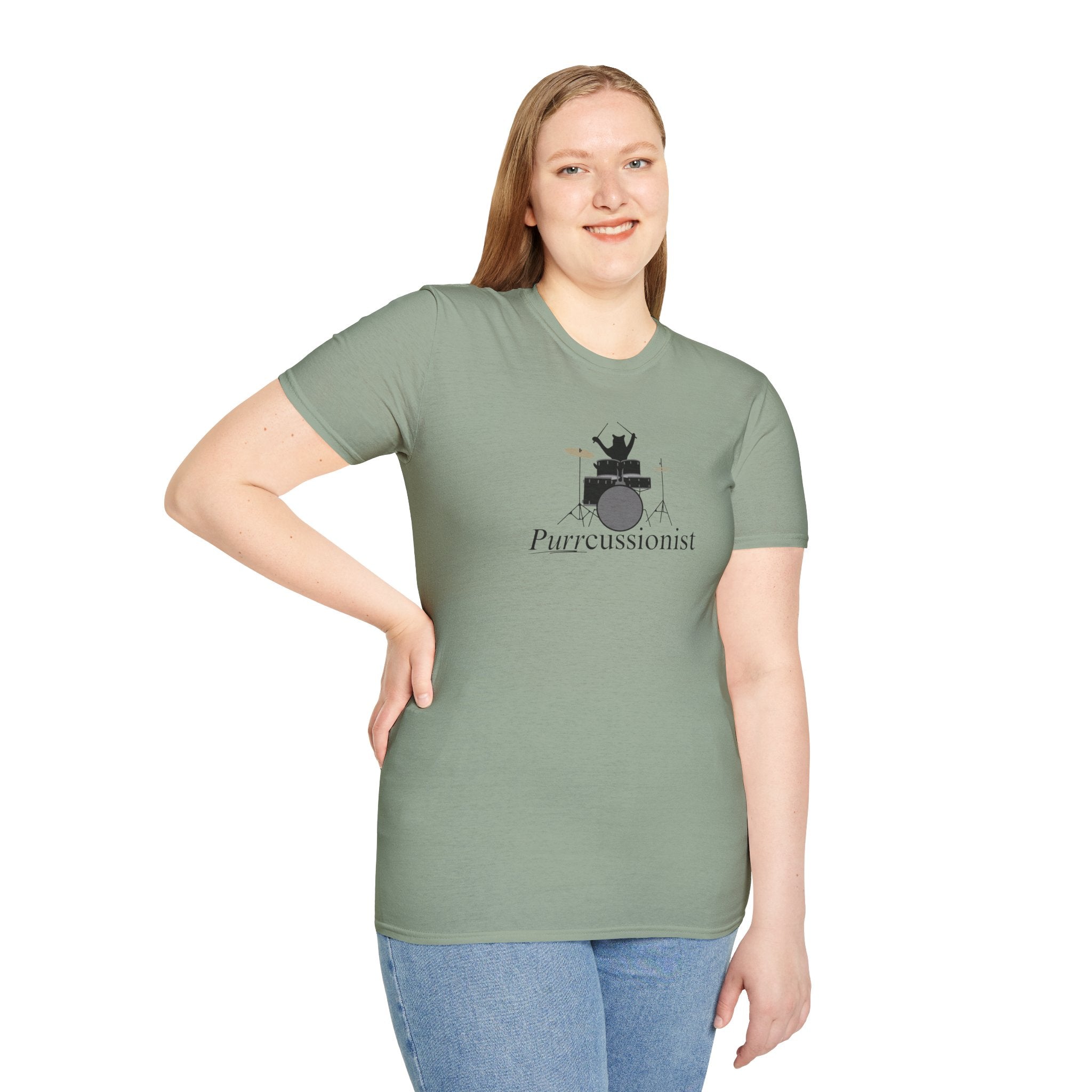 Photo depicting the ​Purrcussionist Unisex Softstyle T-Shirt from EpiAl's Shop.
