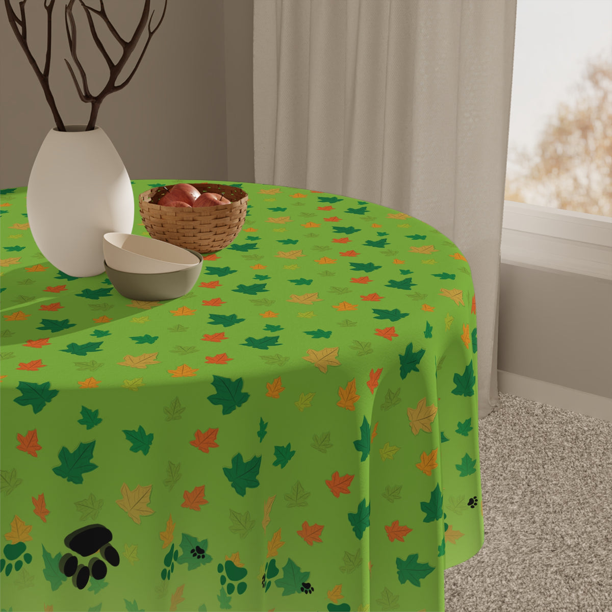 Vibrant Kitty Prints & Leaves Tablecloth for Gatherings