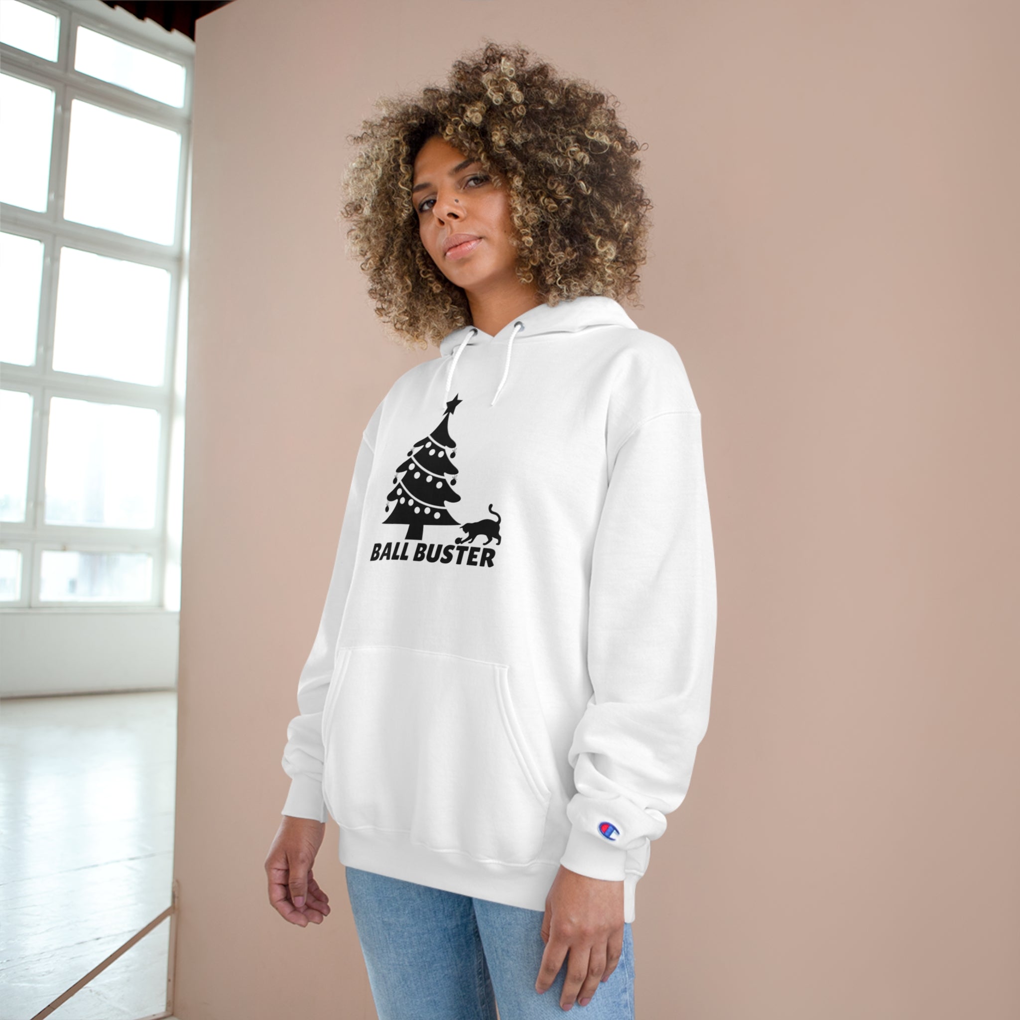 Photo depicting the ​Christmas Ball Buster Champion Hoodie from EpiAl's Shop.
