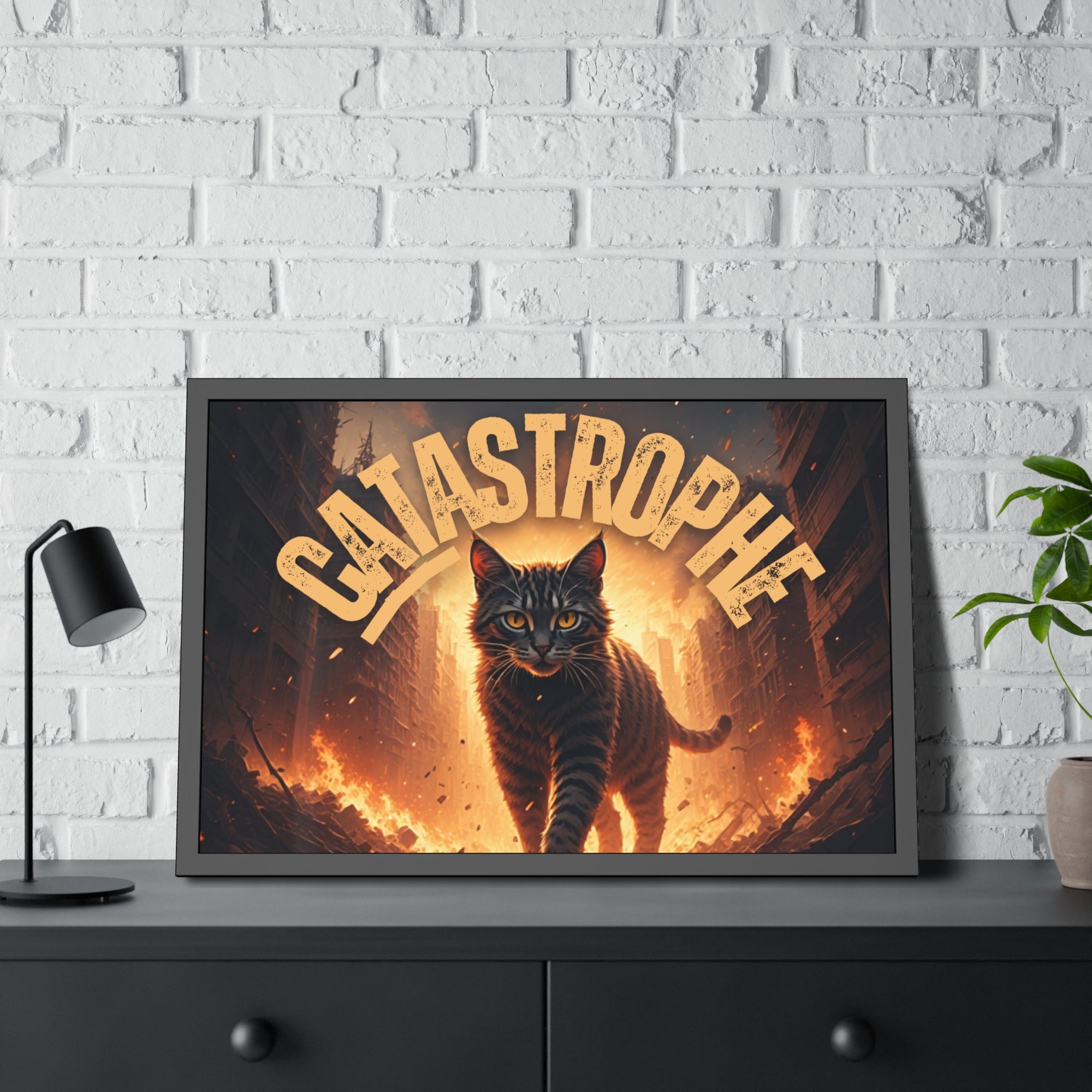 Framed Catastrophe Cat Poster Art, Quirky Cat Artwork