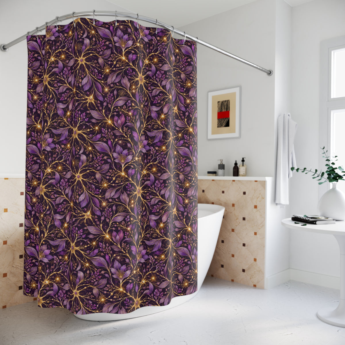 Beautifully Miswired Purple & Gold Neuron Shower Curtain | Epilepsy Awareness Bathroom Decor