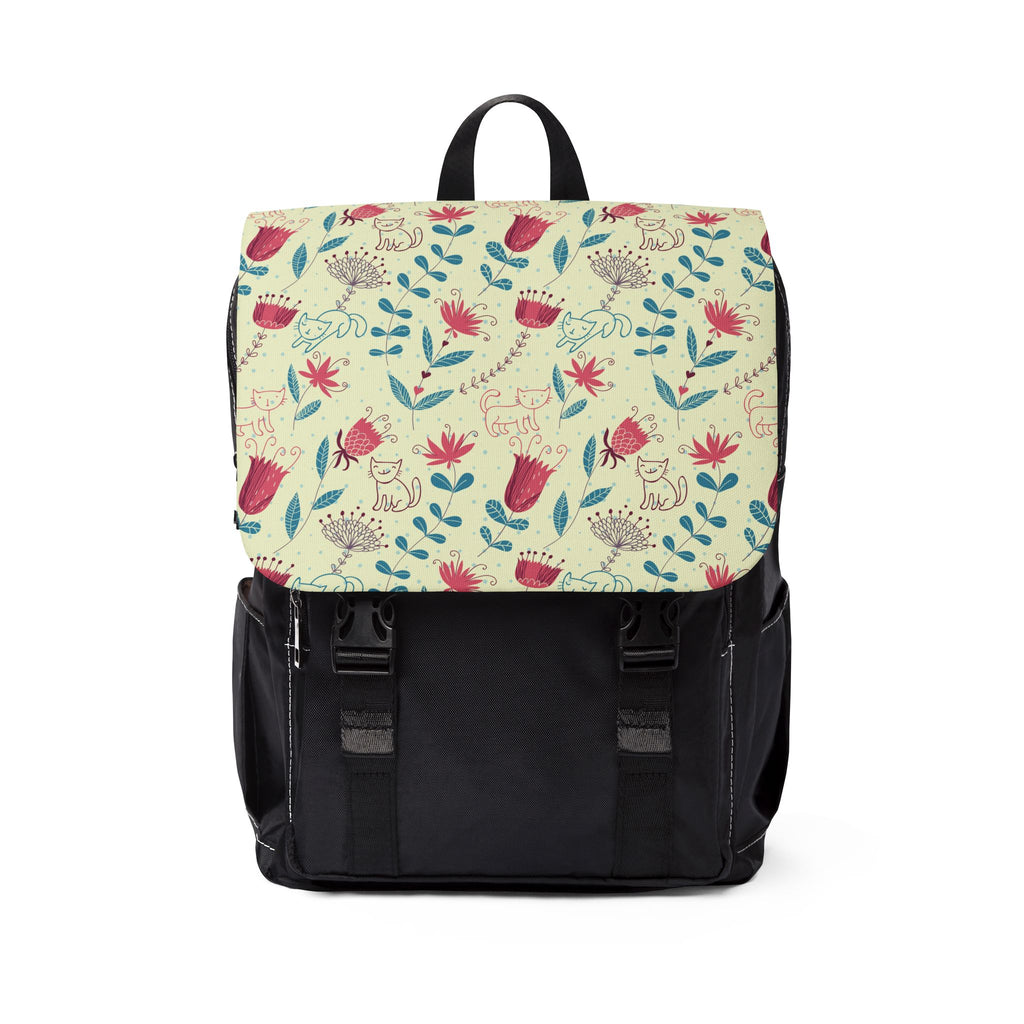 Whimsical Cats & Wildflowers Canvas Shoulder Backpack
