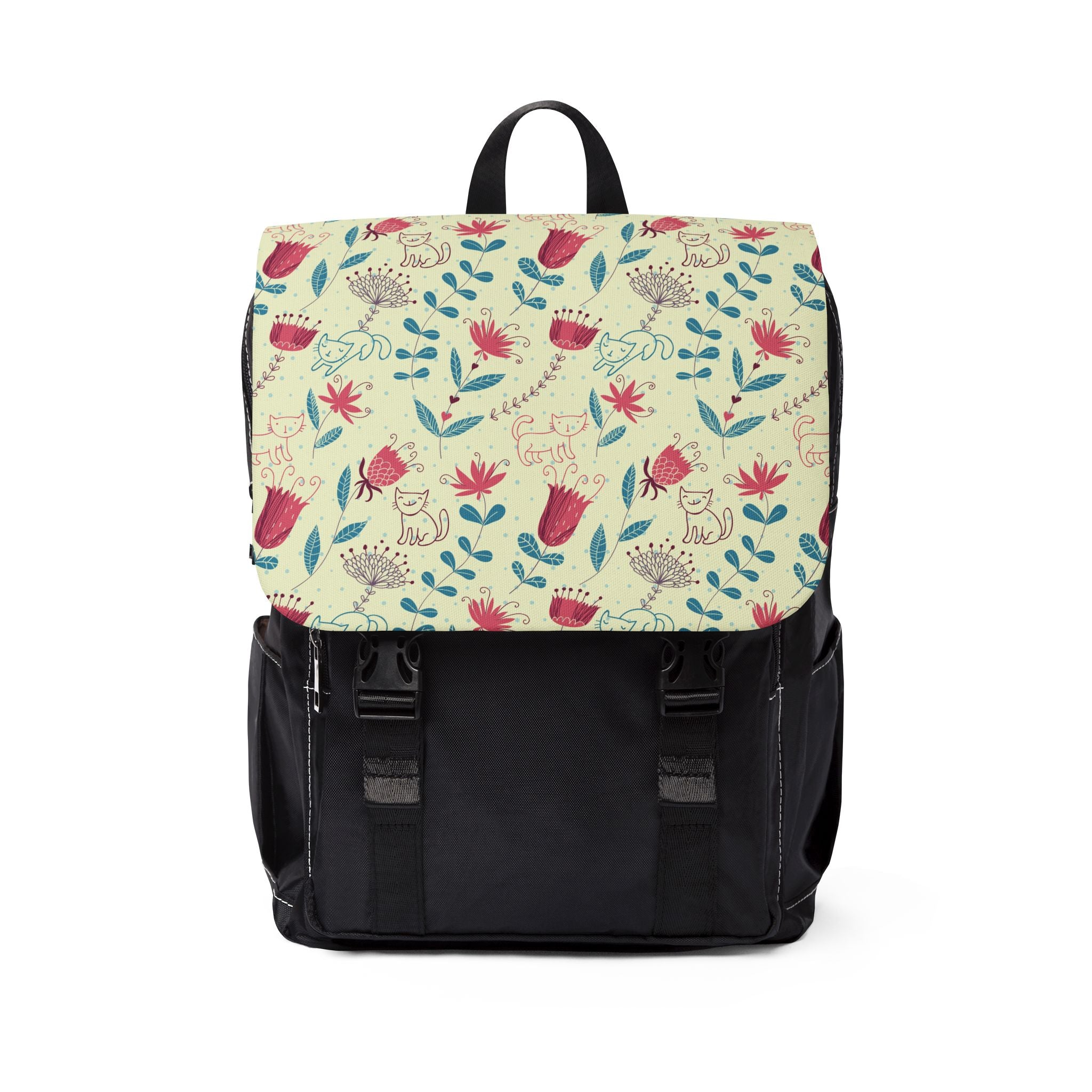 Whimsical Cats & Wildflowers Canvas Shoulder Backpack