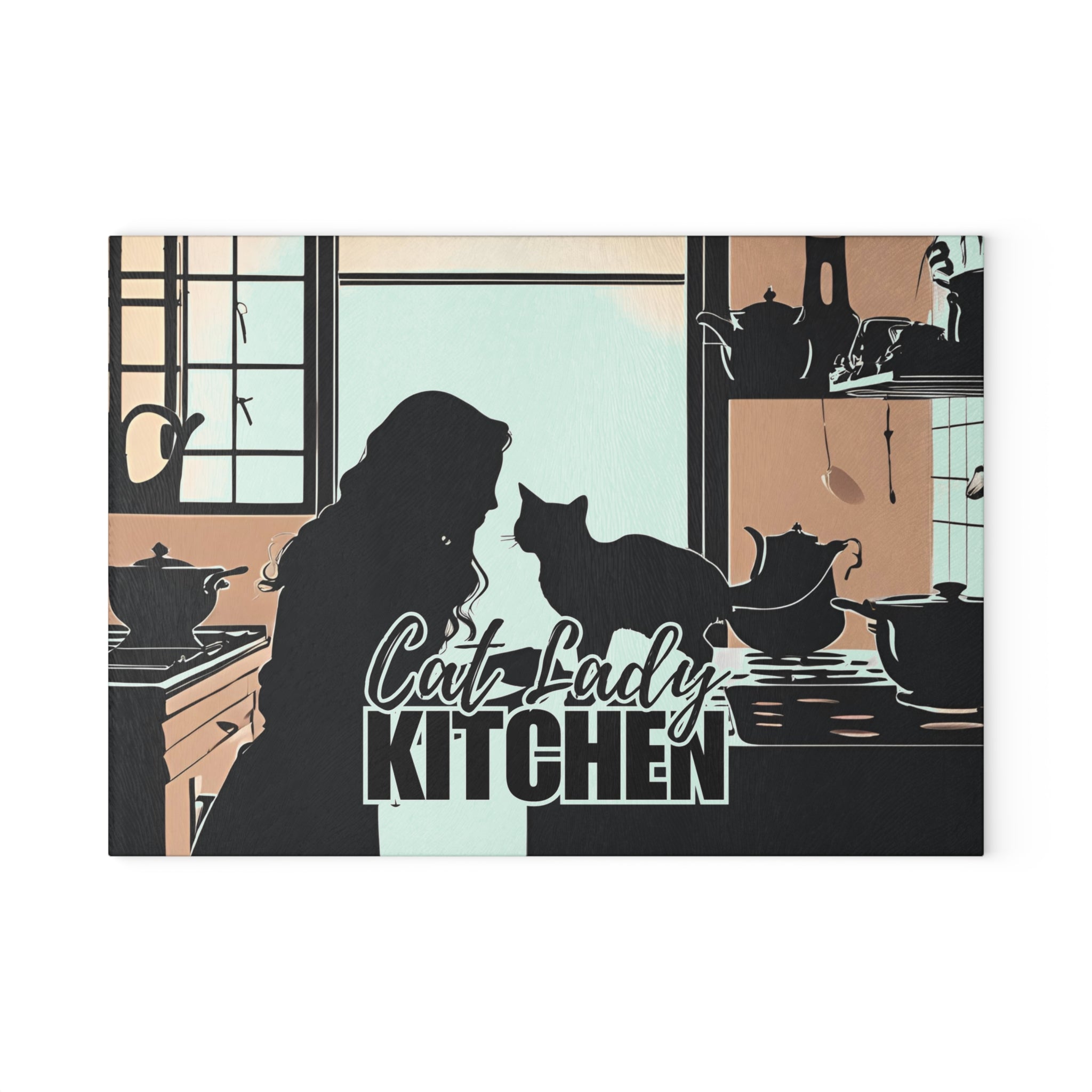Photo depicting the ​Cat Lady Kitchen Glass Cutting Board from EpiAl's Shop.
