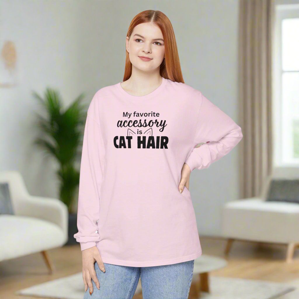 Photo depicting the ​Cat Hair Accessorized Unisex Garment-dyed Long Sleeve T-Shirt from EpiAl's Shop.
