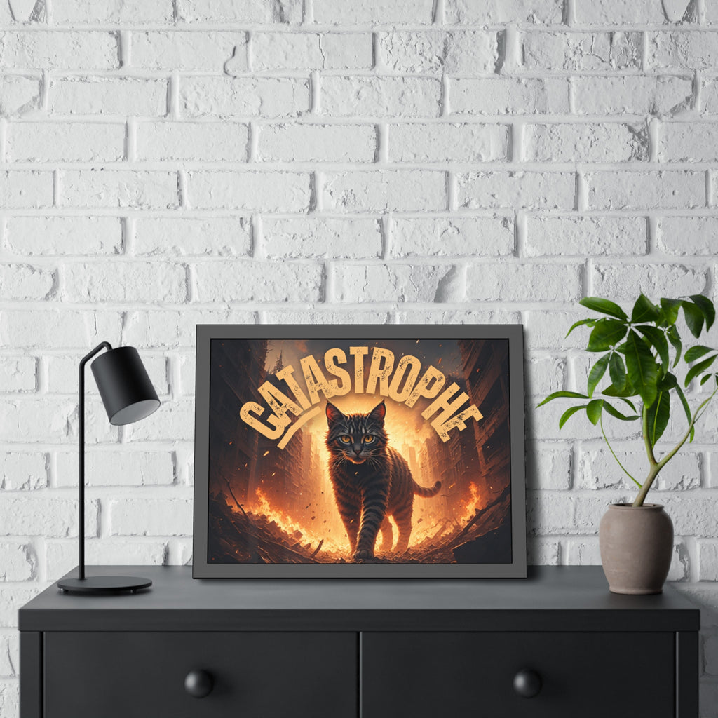 Framed Catastrophe Cat Poster Art, Quirky Cat Artwork