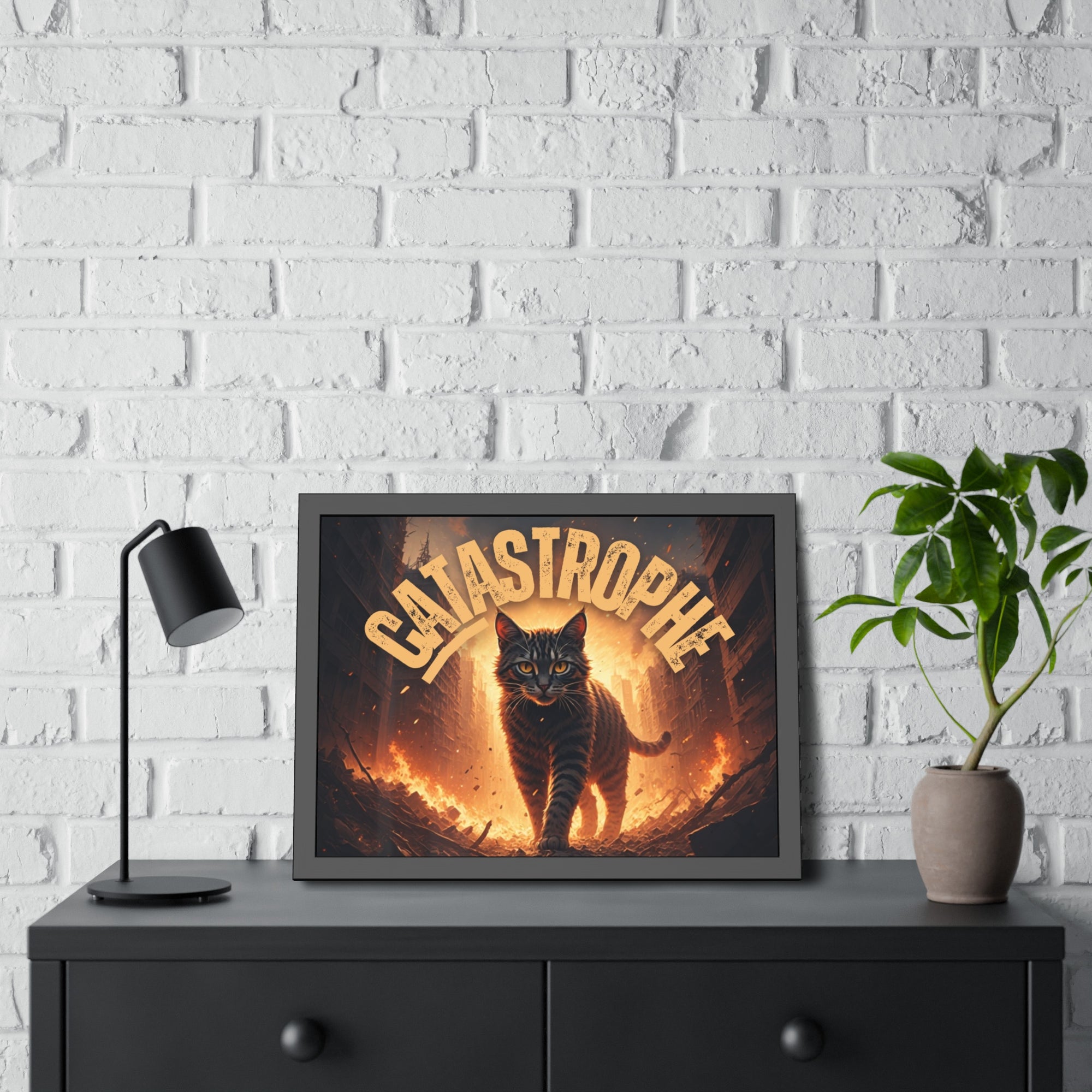 Framed Catastrophe Cat Poster Art, Quirky Cat Artwork