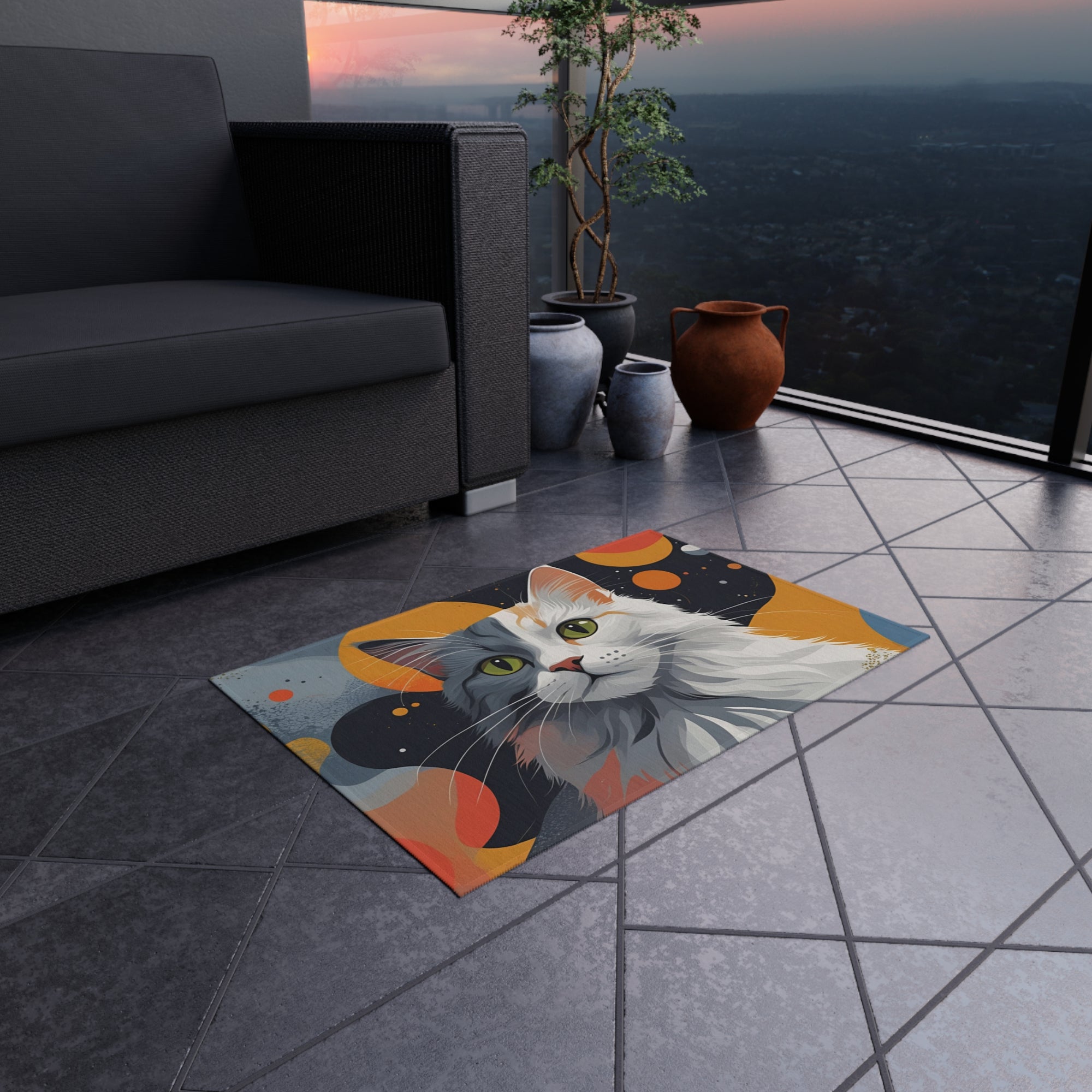 Colorful Cat-Themed Outdoor Rug, Cozy Patio Decor