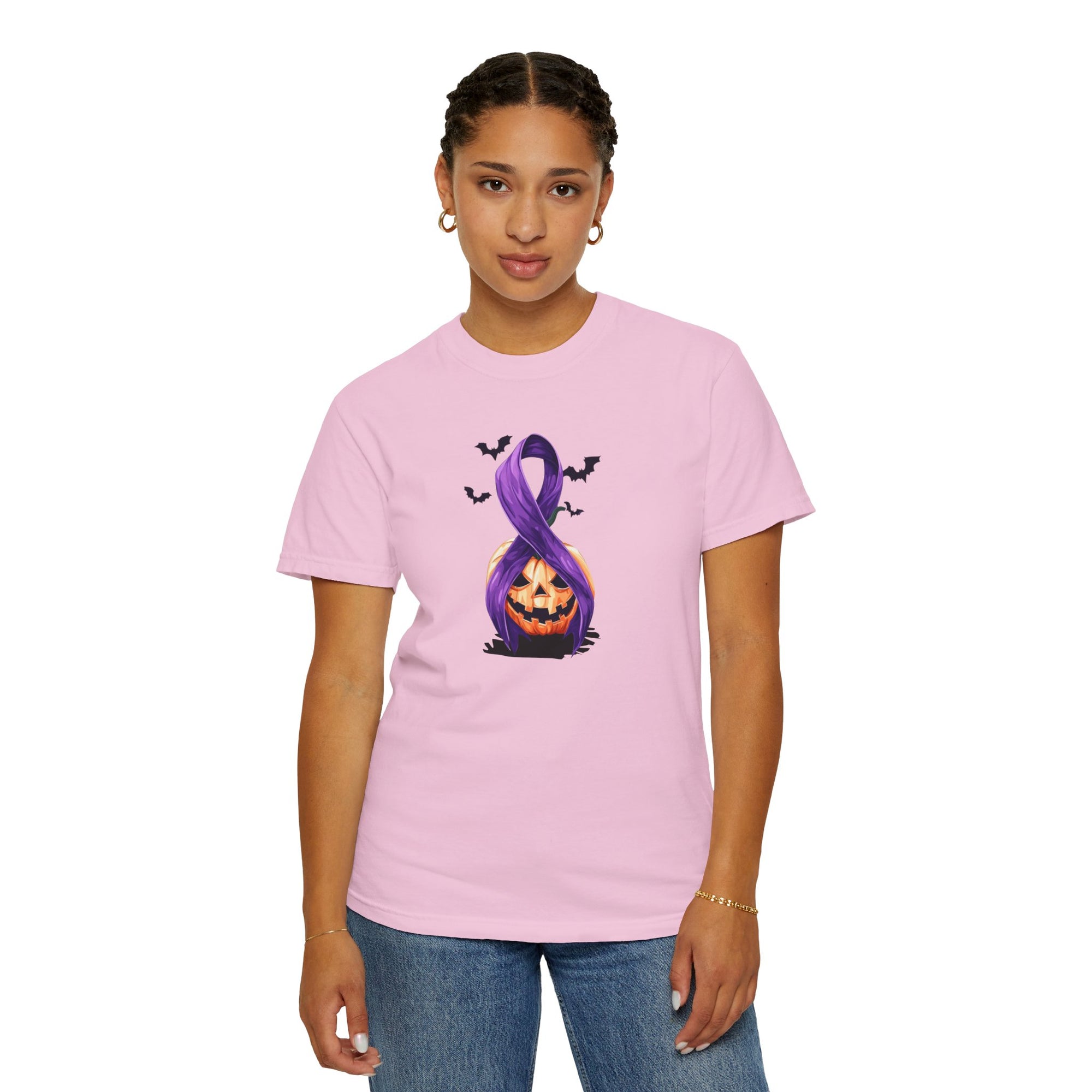 Halloween Pumpkin Unisex T-Shirt with Purple Ribbon Design