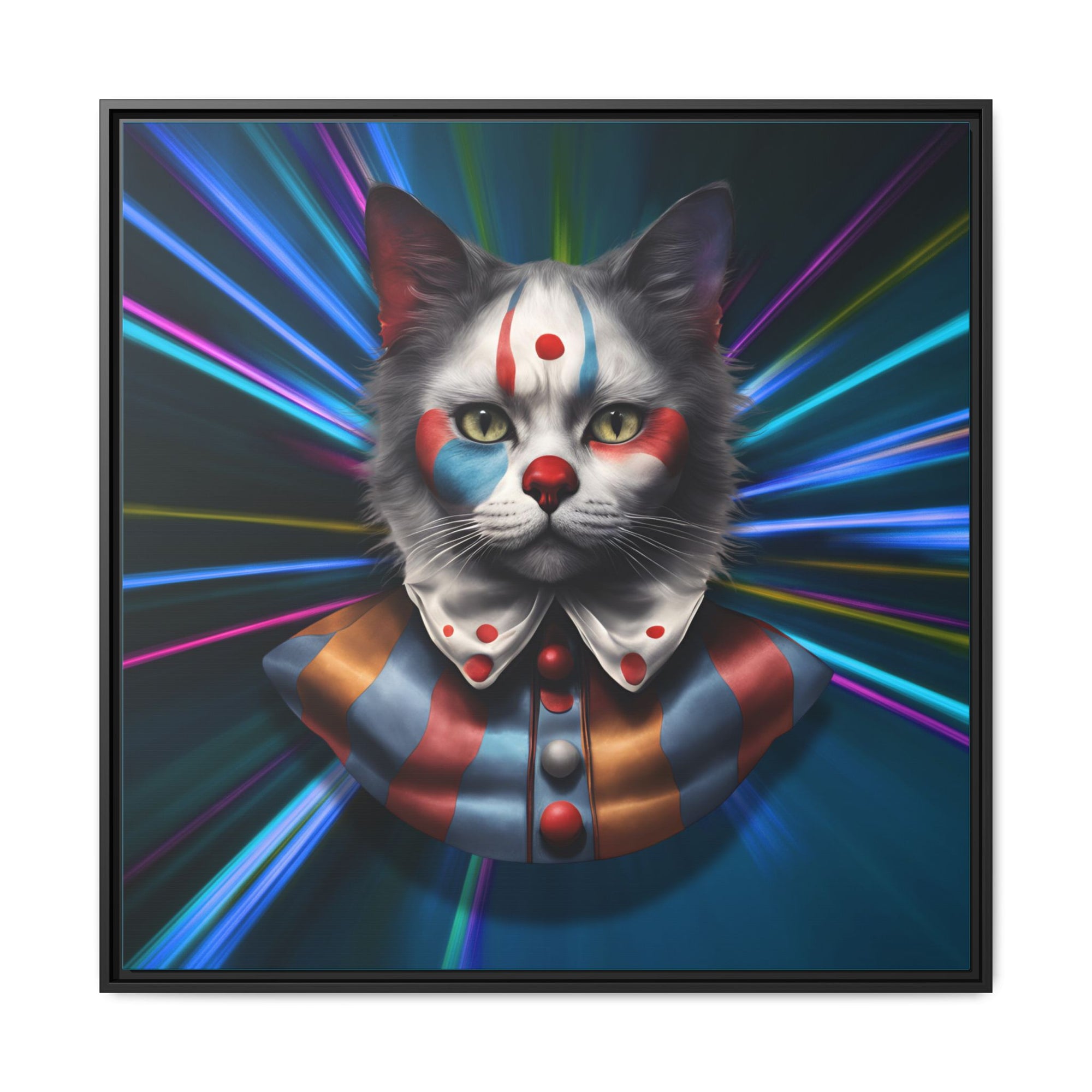 Colorful Cat Clown Framed Canvas Art – Quirky Home Decor for Pet Lovers