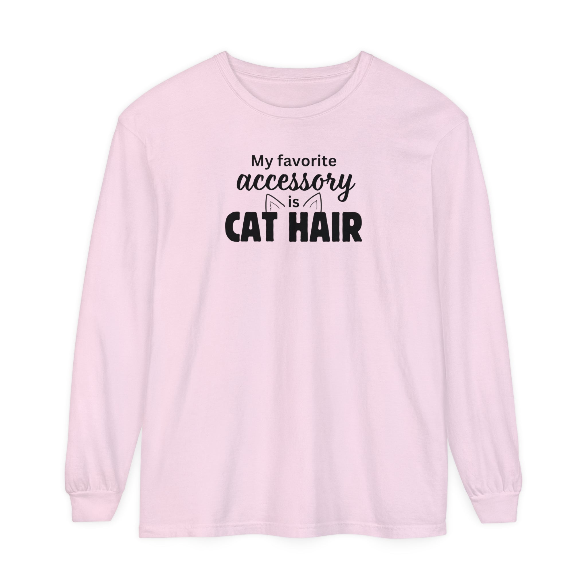 Photo depicting the ​Cat Hair Accessorized Unisex Garment-dyed Long Sleeve T-Shirt from EpiAl's Shop.