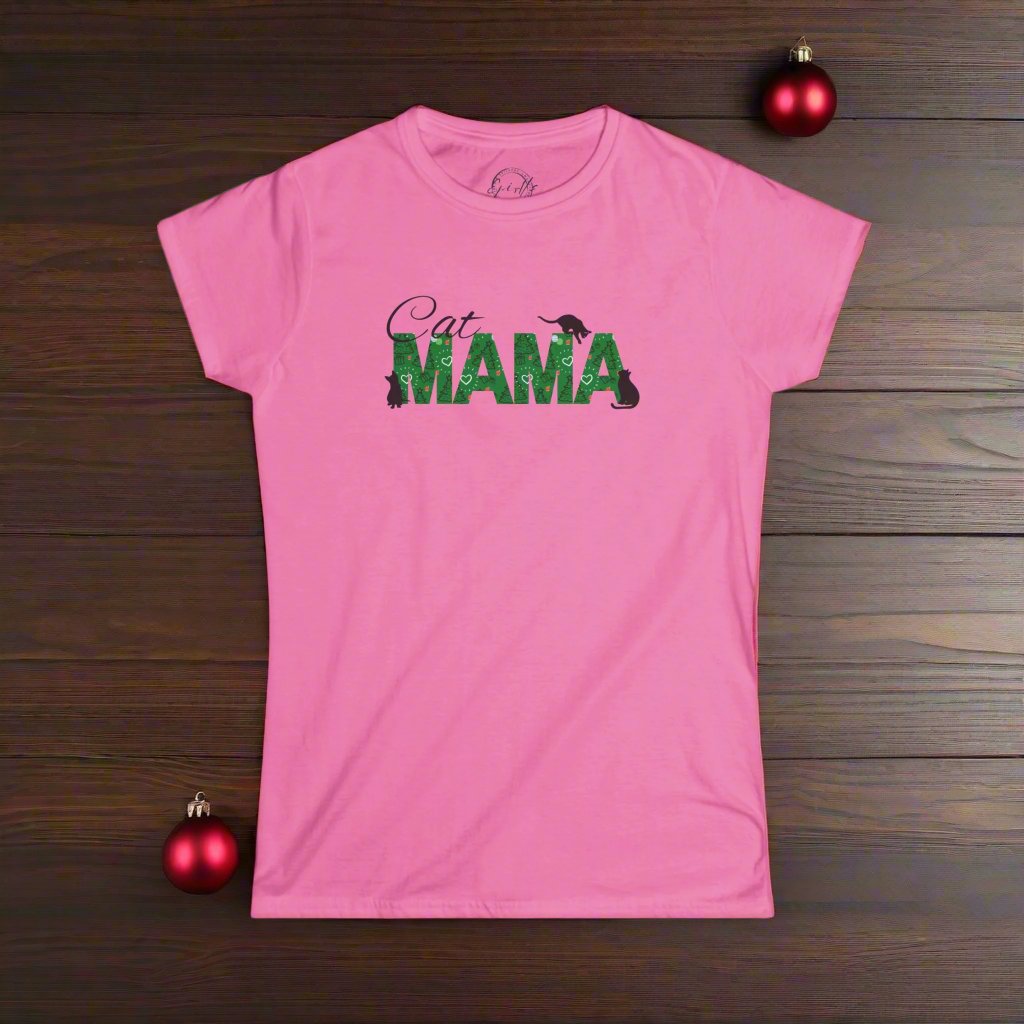 Photo depicting the ​Christmas Cat Mama Women's Softstyle Tee from EpiAl's Shop.