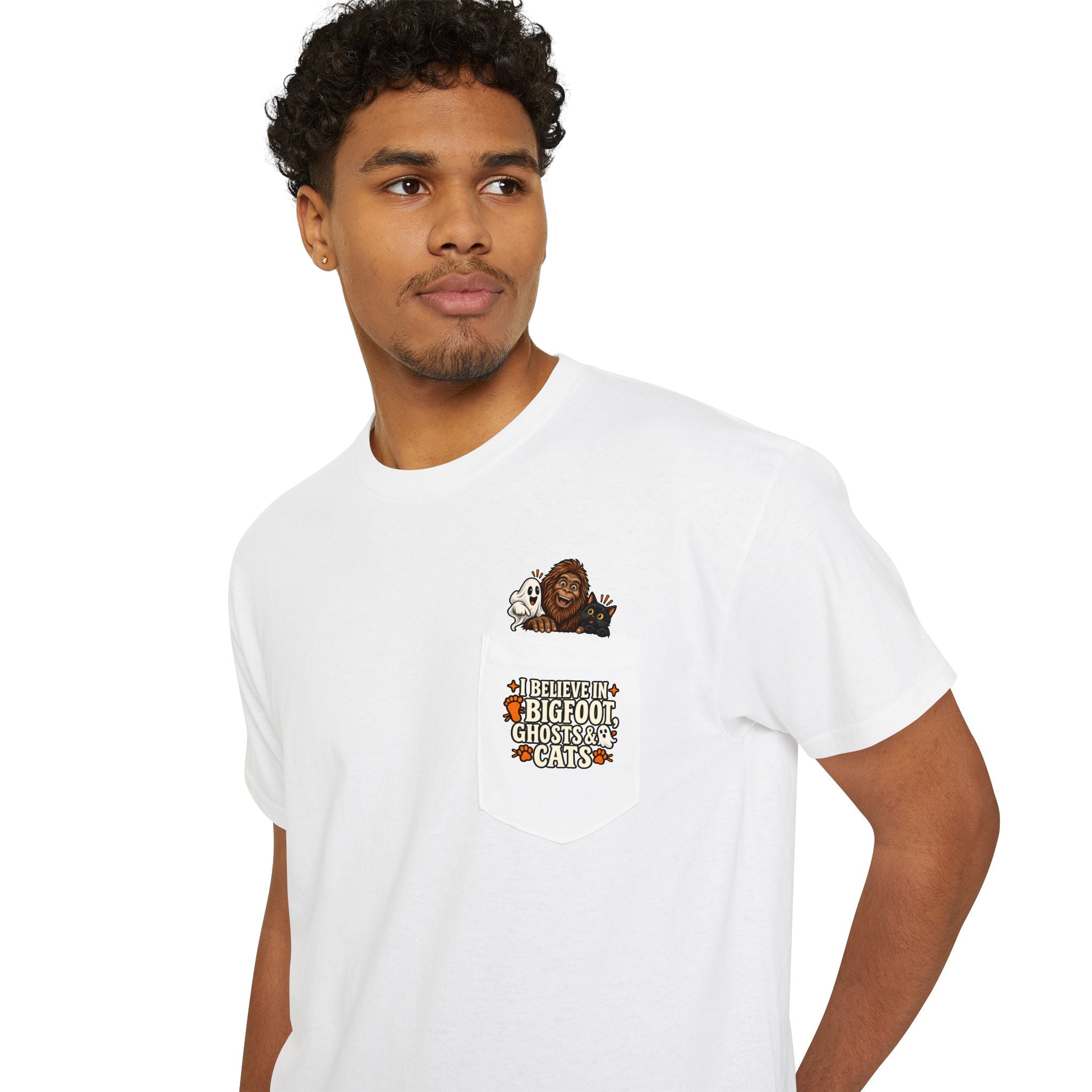 I Believe in Bigfoot, Ghosts & Cats Pocket T-Shirt