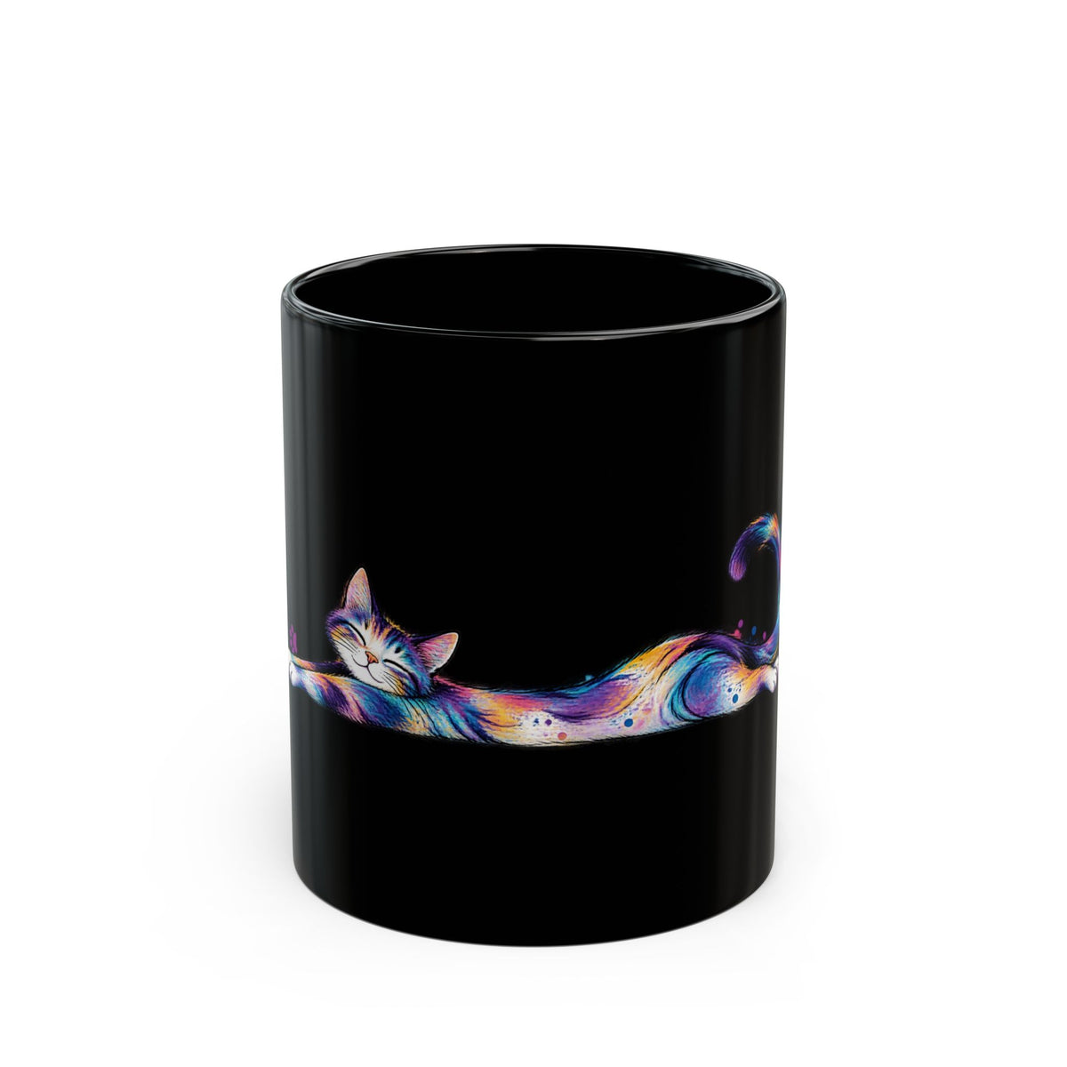 Colorful Stretching Cat Black Ceramic Mug | Whimsical Cat Lover Gift (11oz/15oz)
