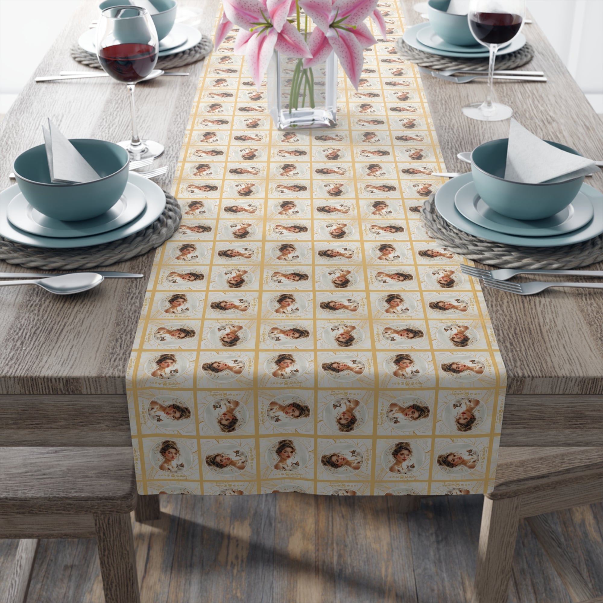 Charming Golden Cat Lady Table Runner