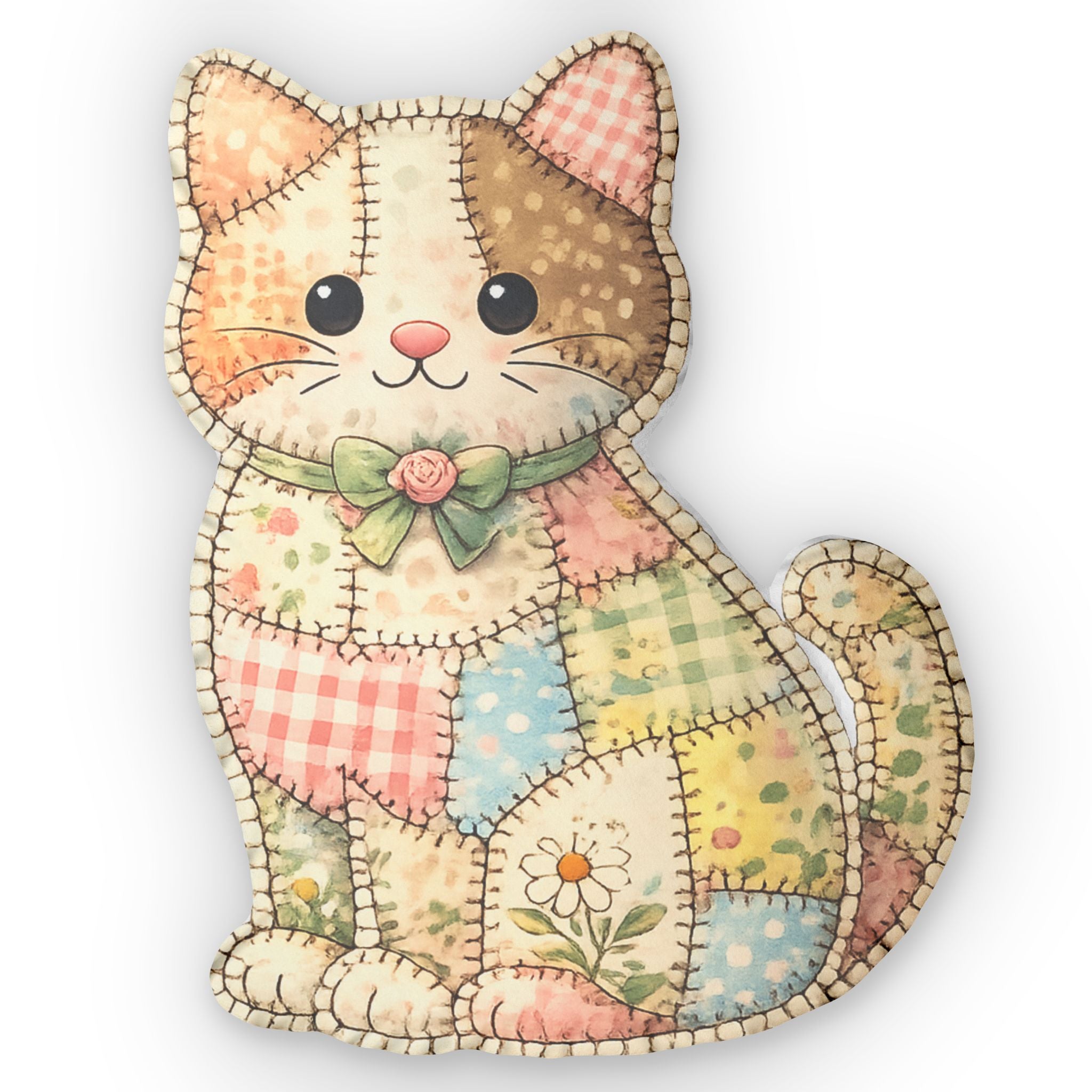 Patchwork Kitty Shaped Pillow – Vintage Cottagecore Cat Cushion